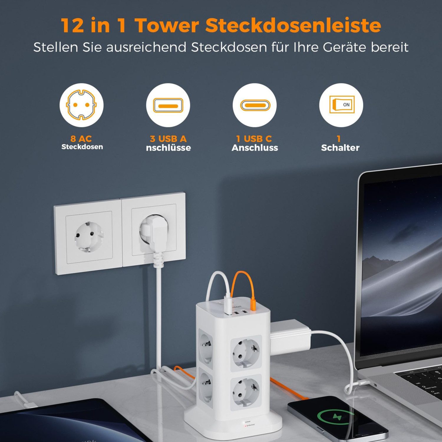 TESSAN 8 Fach Mehrfachsteckdose 4 USB Steckdosenleiste Kabel 2m Mehrfachsteckdose (Ein- / Ausschalter, USB-Anschlüsse, Schutzkontaktkupplung, Überspannungsschutz, Kabellänge 2 m)