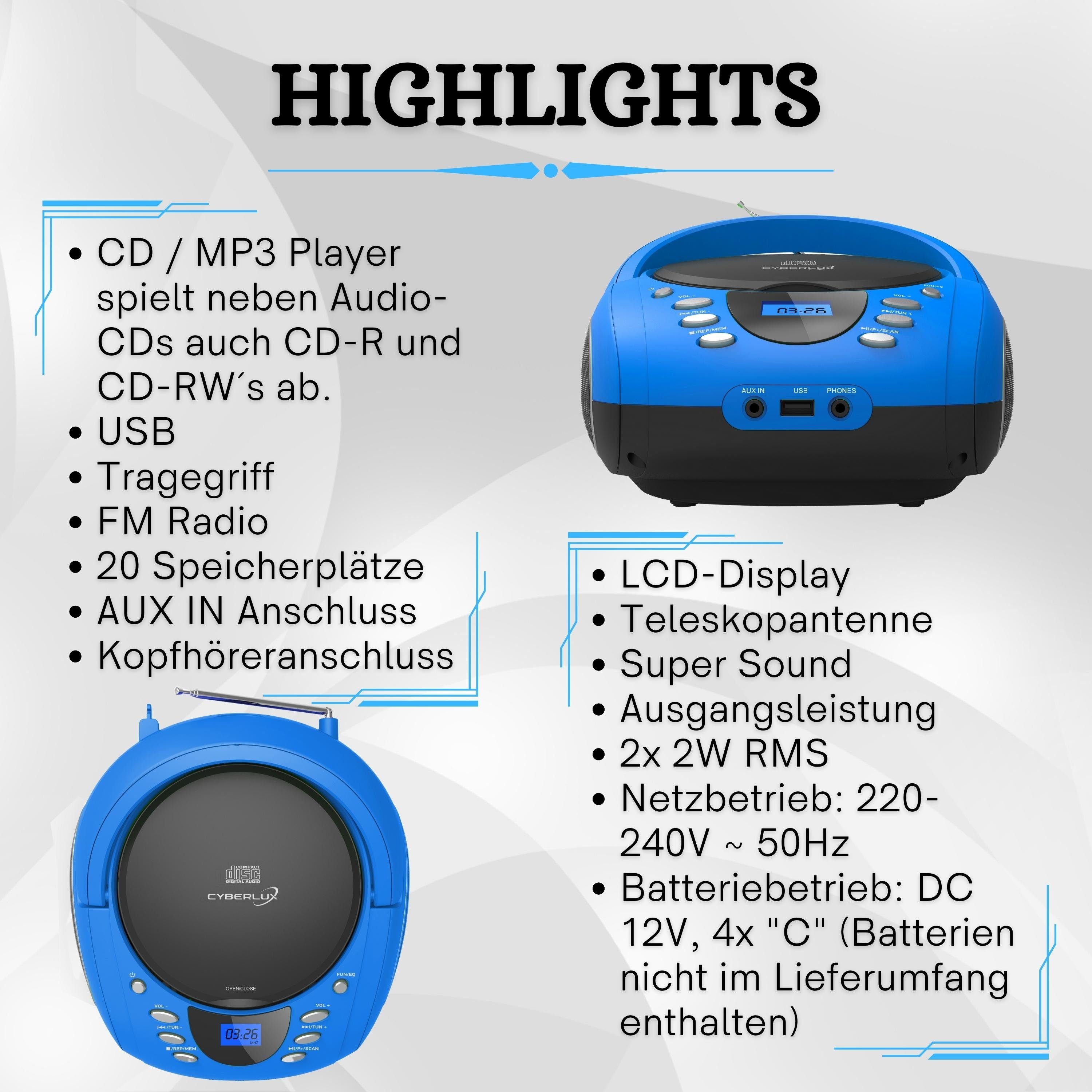 Cyberlux CL-710 tragbarer CD-Player (CD, USB) CD Player FM mit Musikbox, Kinder MP3 Boombox, tragbar, Radio