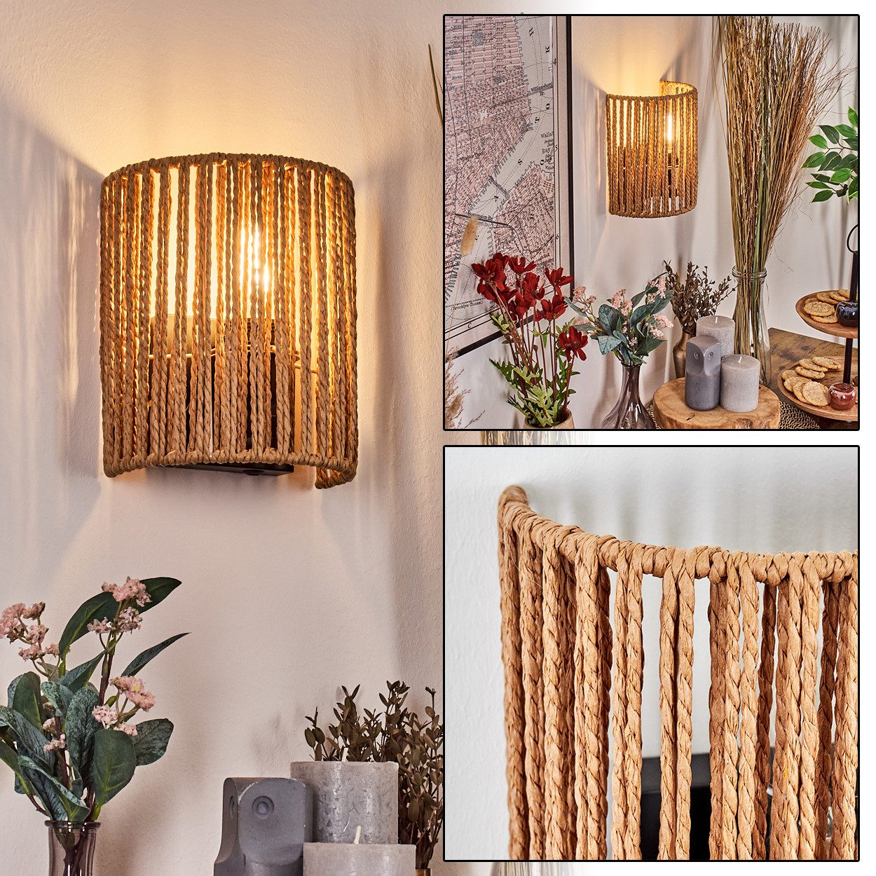 hofstein Wandleuchte Wandlampe aus Metall/Seil in Schwarz/Natur mit Lichtef günstig online kaufen