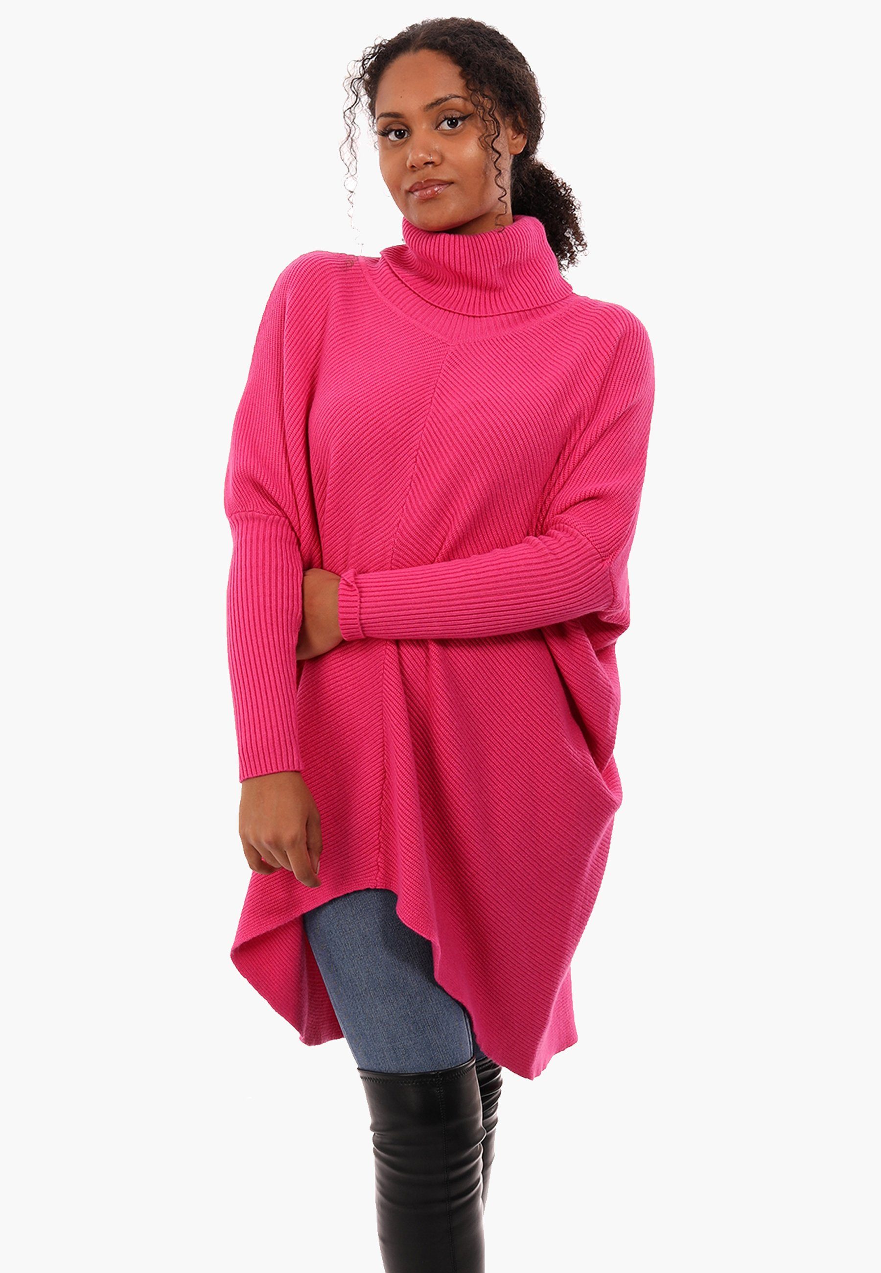 YC Fashion & Style Longpullover Strickpullover asymmetrisch Plus Size mit Rollkragen (1-tlg) in Unifarbe, mit überschnittenen Schultern pink