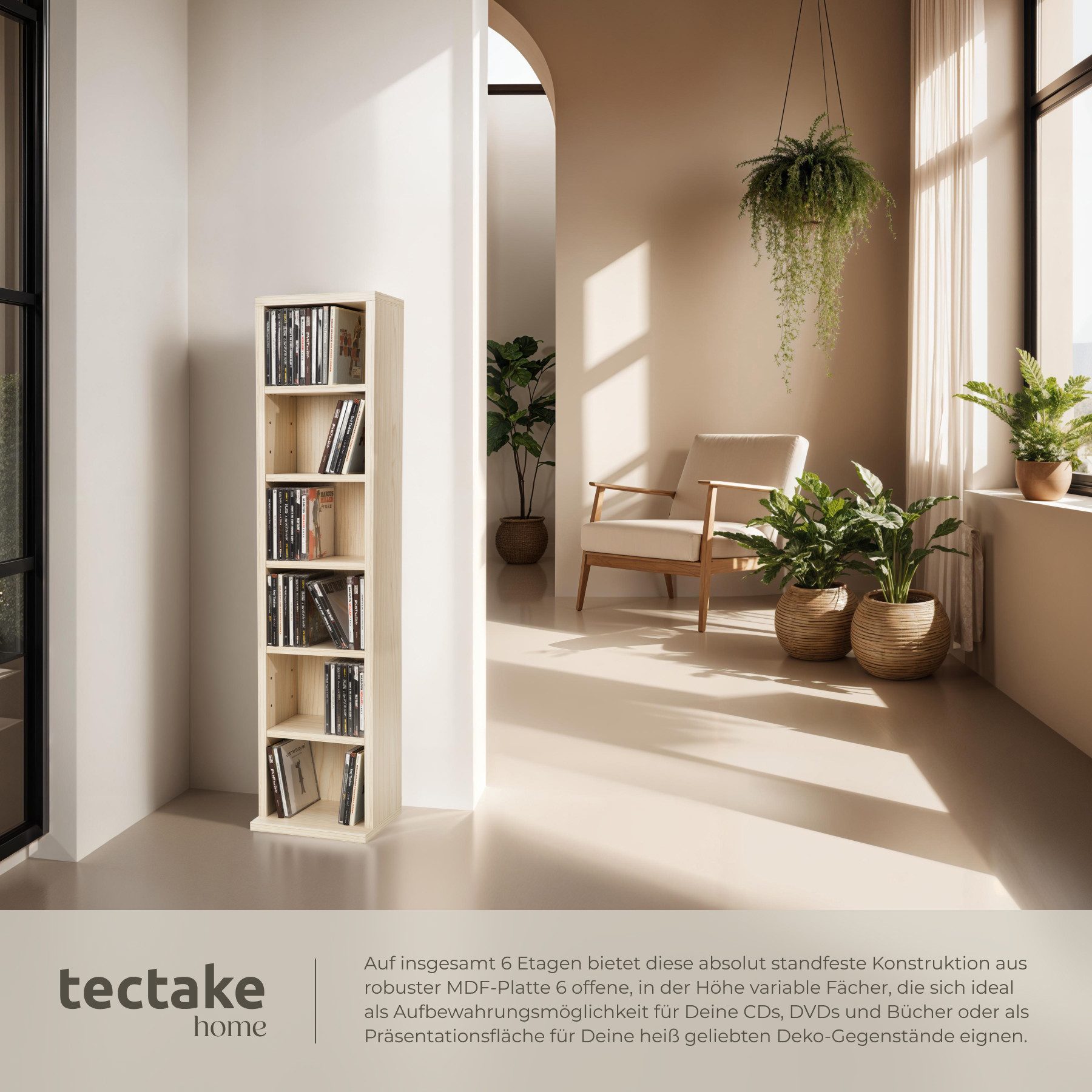 tectake CD-Regal Standregal Medienregal in Holzoptik 90x21x20cm, Sammlerset 1-tlg., höhenverstellbare und herausnehmbare Zwischenböden