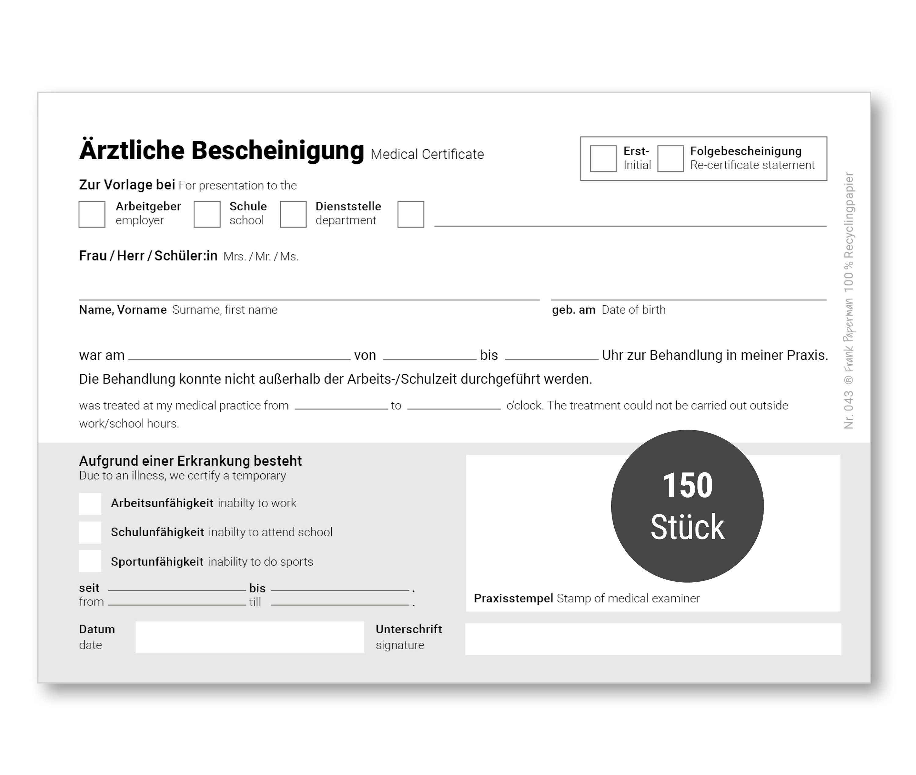 Formularblock Ärztliche Bescheinigung, Block à 50 Blatt, Behandlungbescheinigung
