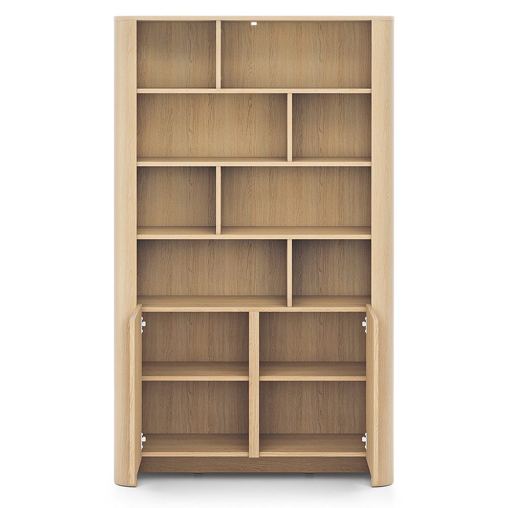 Lomadox Bücherregal BRUNNEN-160, Eiche Nb., grifflos, 2 Türen, 8 offene Fächer, 103 cm breit