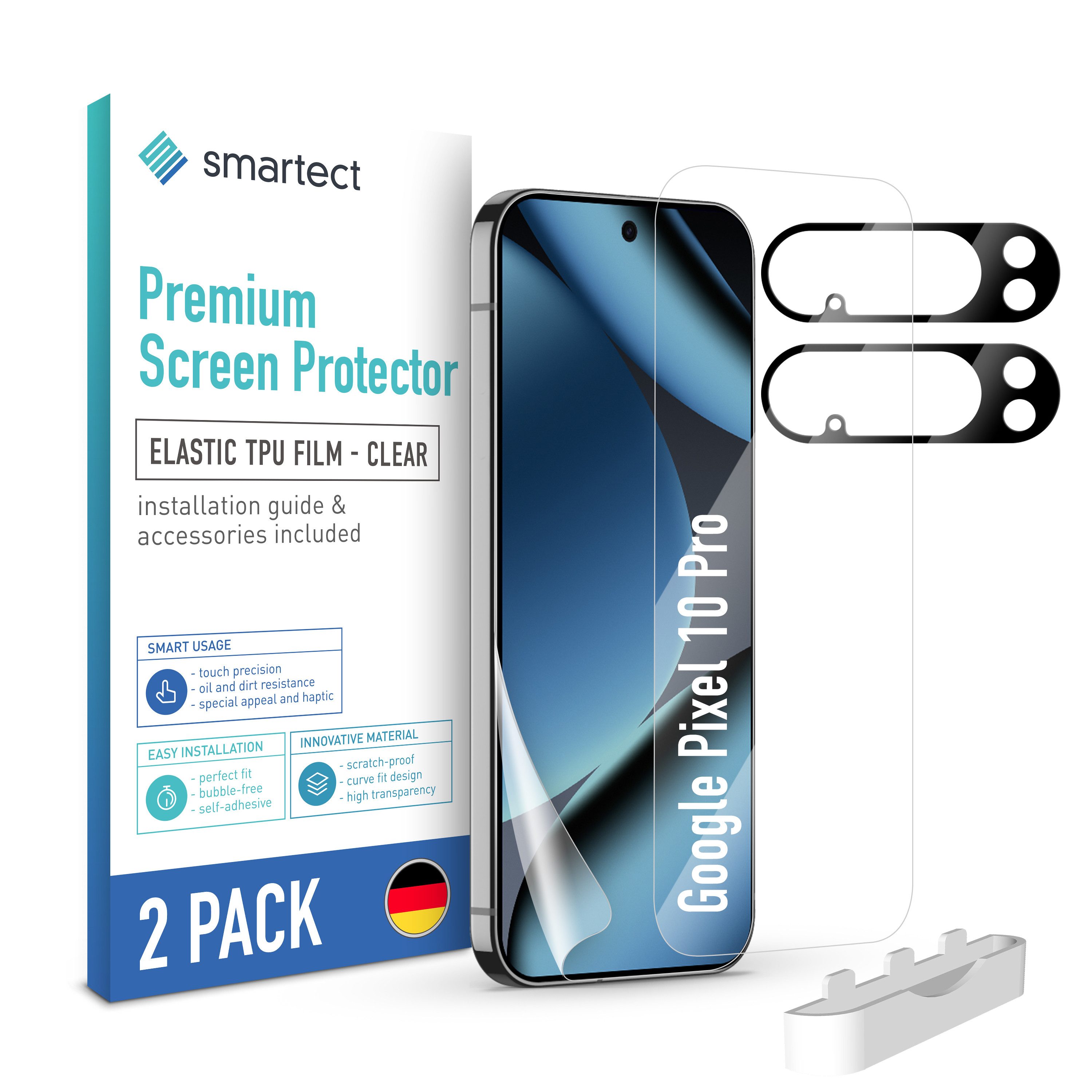 smartect Displayschutzfolie TPU Schutzfolie 2 + 2 Stück für Google Pixel 10 Pro (Display + Kamera) für Google Pixel 10 Pro, Set, 2 Stück, Ultra-klar, Kratzfest, Blasenfrei, Oleophob, Fingerabdruck kompatibel