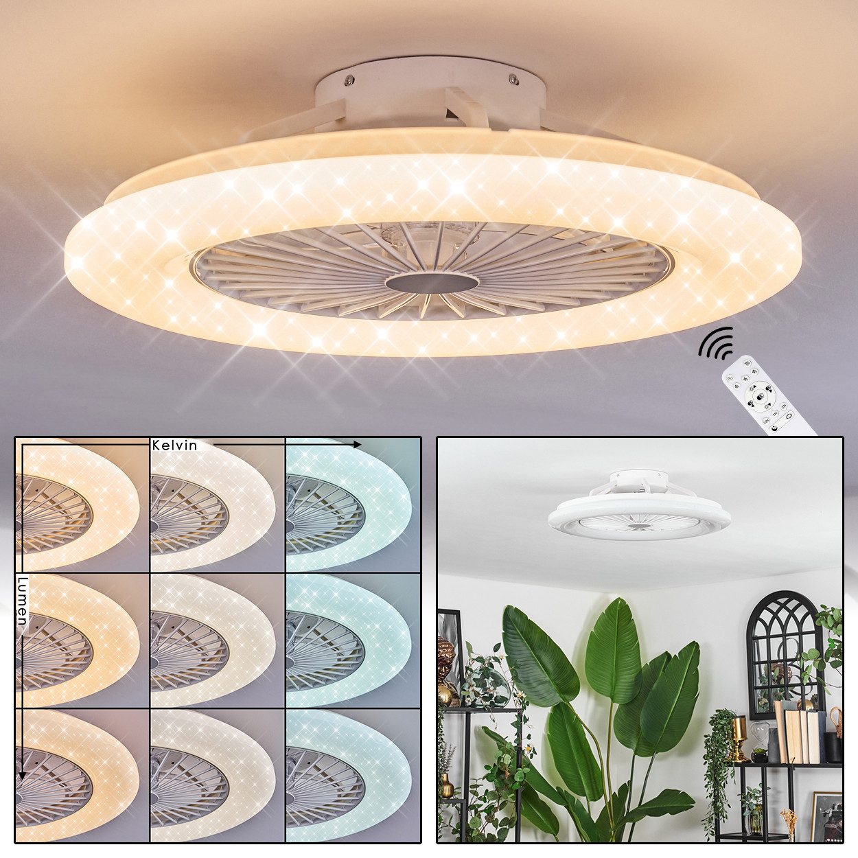 hofstein Deckenventilator Ventilator aus Kunststoff in Weiß/Glitzereffekt, moderne Deckenleuchte, Ø 50 cm, m. Fernbedienung, 40 W, 1700 Lumen, 3000-6500 Kelvin, mit CCT