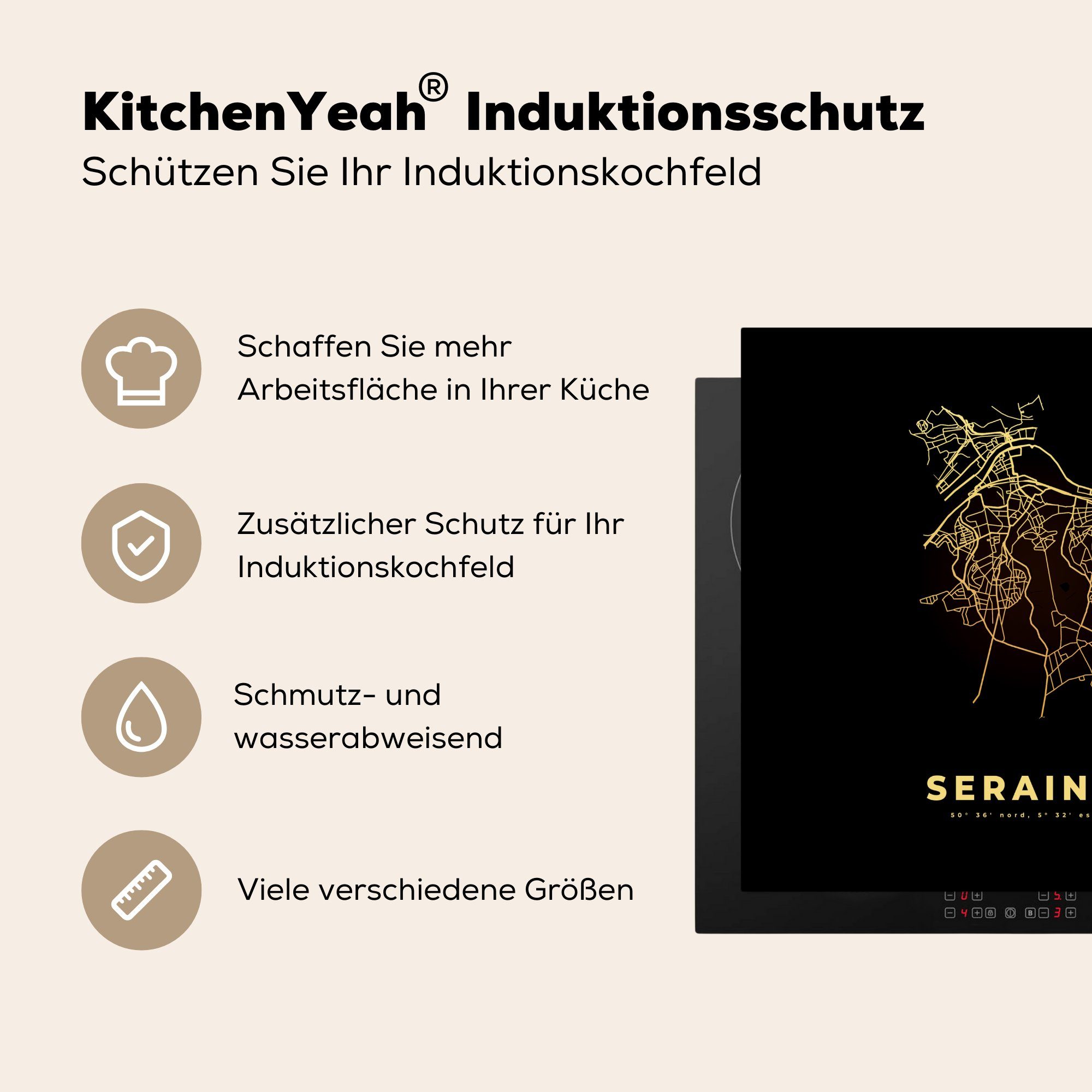 küche - - Ceranfeldabdeckung, Karte Gold, Belgien für tlg), Vinyl, 78x78 Seraing Stadtplan - cm, Herdblende-/Abdeckplatte MuchoWow - Arbeitsplatte (1