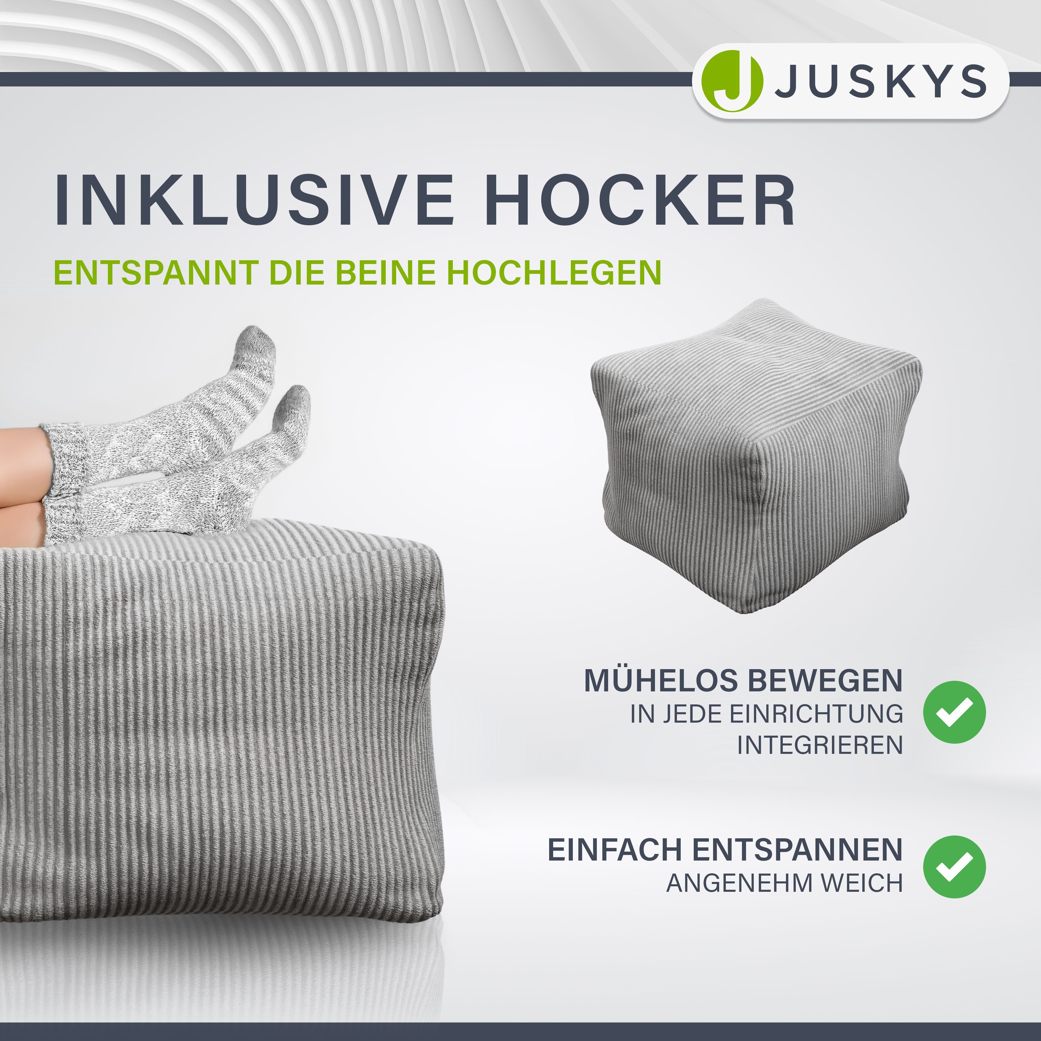 Juskys Sitzsack Chillex (2 St), L, mit Hocker, Cord, Memory-Schaum, Gaming & Lesesessel Erwachse