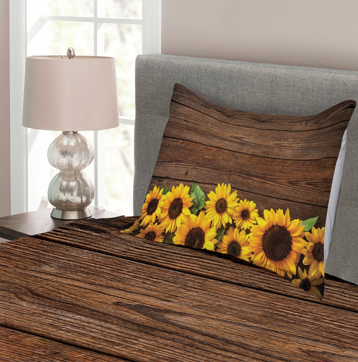 Herbst Waschbar, mit Abakuhaus, Holz rustikales Tagesdecke Kissenbezügen Set Sunflower Motiv