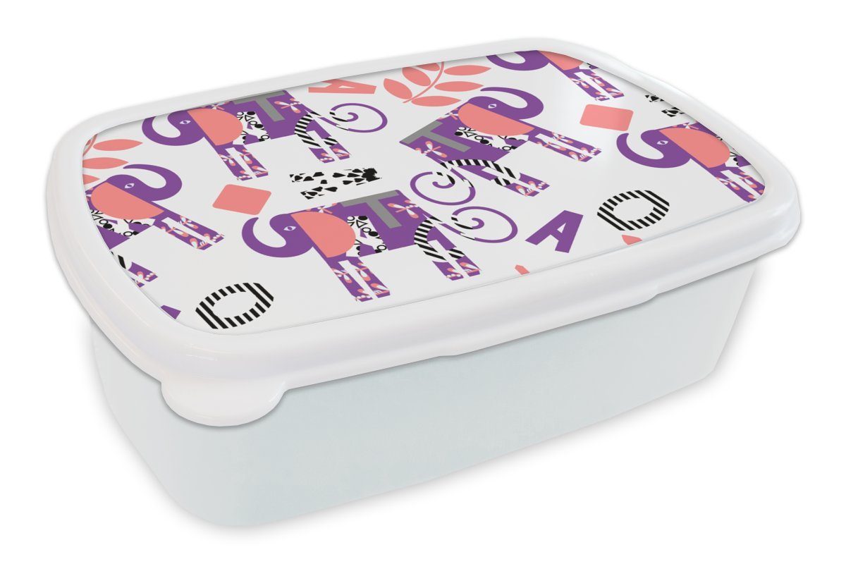 MuchoWow Lunchbox Elefanten - Blätter - Lila - Muster, Kunststoff, (2-tlg), Brotbox für Kinder und Erwachsene, Brotdose, für Jungs und Mädchen weiß