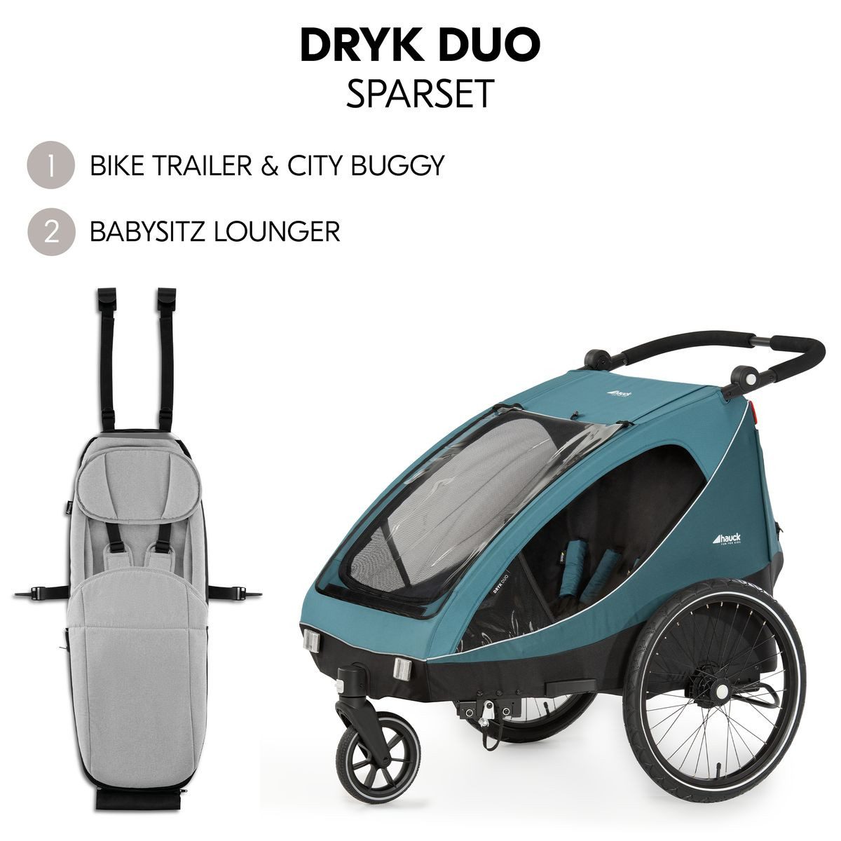 Hauck Fahrradkinderanhänger Dryk Duo Set - Ocean Green, 2in1 Fahrradanhänger Buggy für 2 Kinder bis 44 kg mit Babysitz Lounger