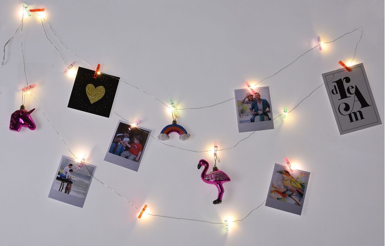 Koopman Lichterkette LED Foto-Lichterkette mit bunten Klammern Fotoleine Bilderhalter Deko