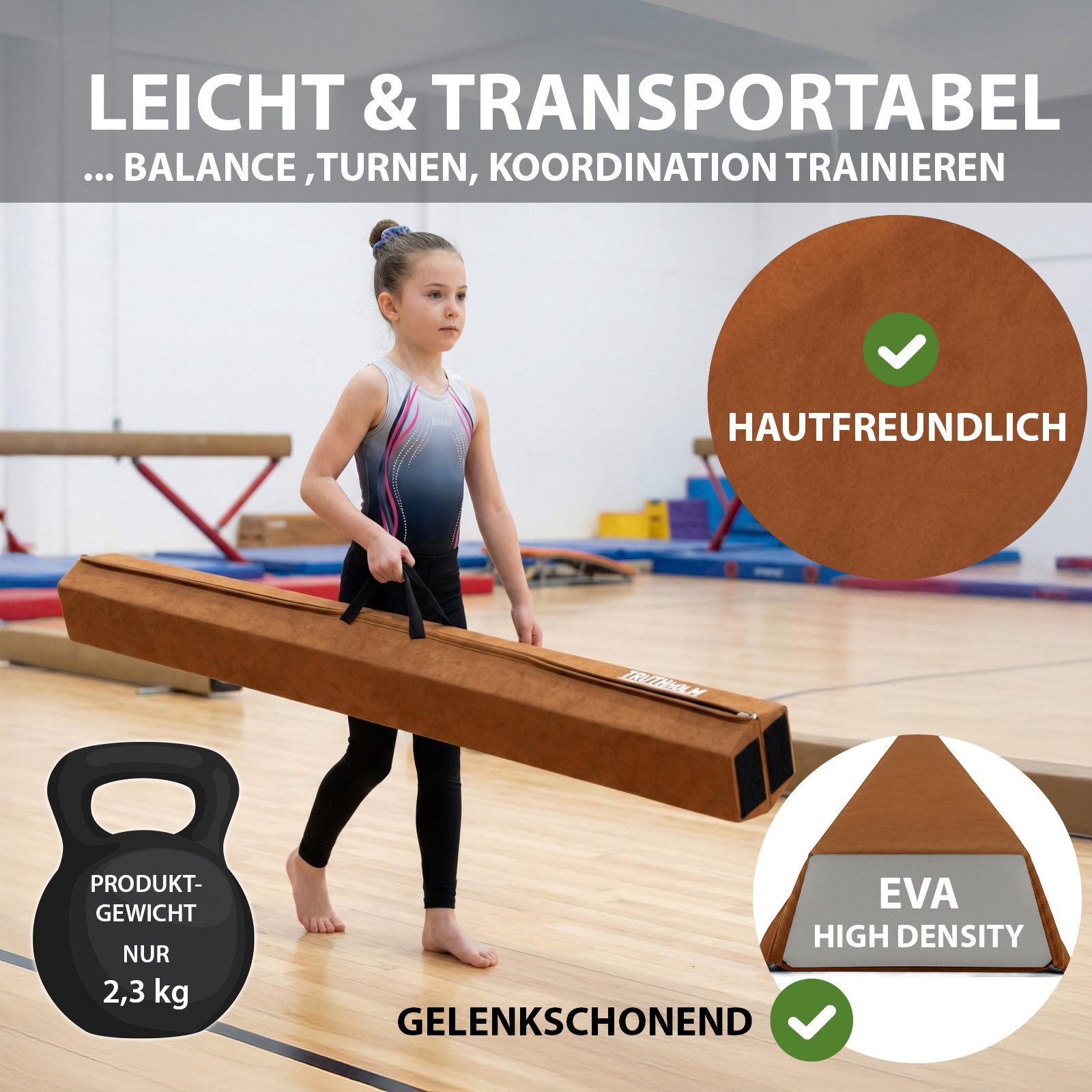 TRUTZHOLM Balanceboard Schwebebalken 240 cm Turnbalken inkl.Tragetasche Balancierbalken Braun, klappbar, tragbar, bodennah, kombinierbar