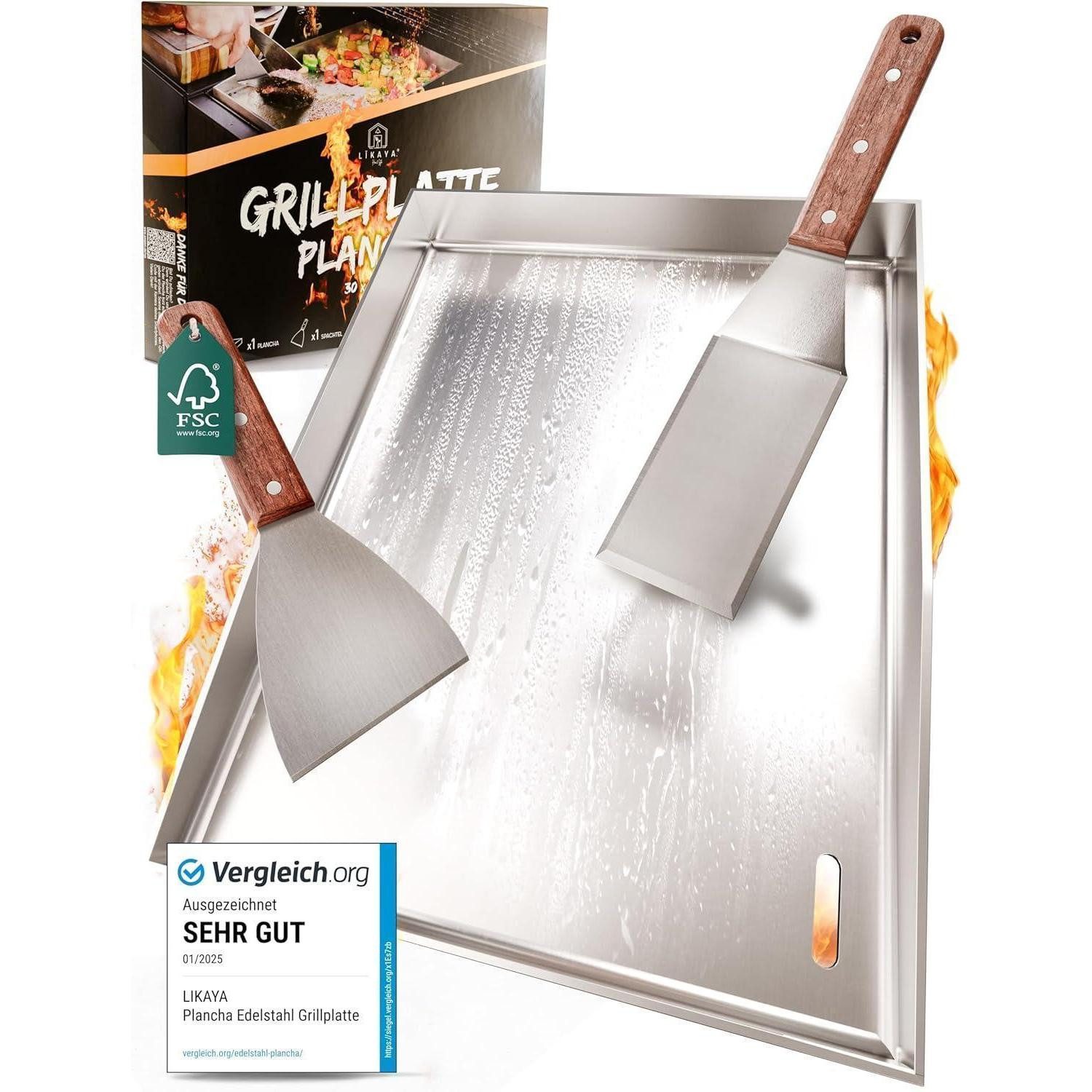 LuxusKollektion Grillplatte Grillplatte Plancha massiver V2A Edelstahl 2x Grillspachteln FSC