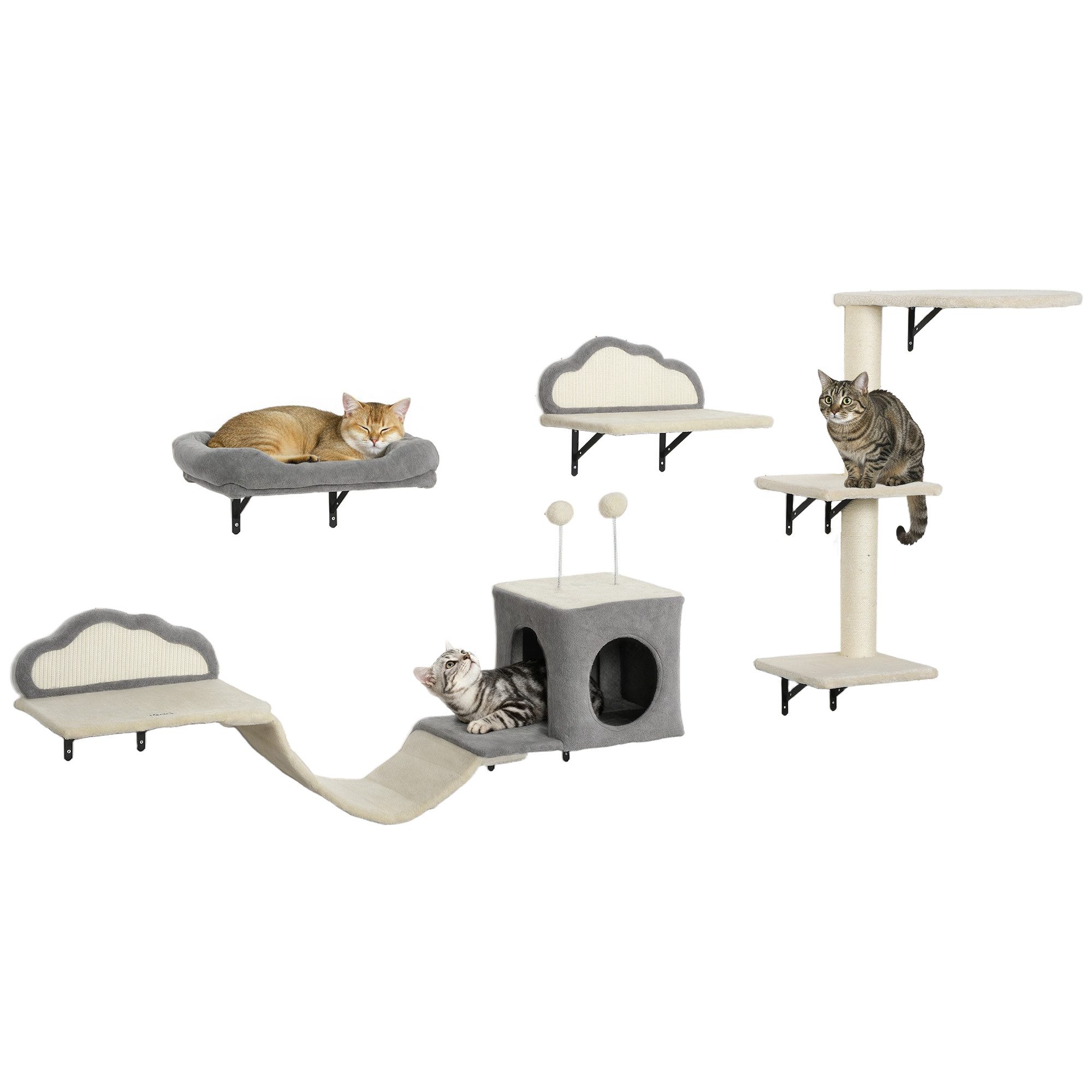 PawHut Katzen-Kletterwand Wandmontiertes Design, für 1-3 Katzen, Beige