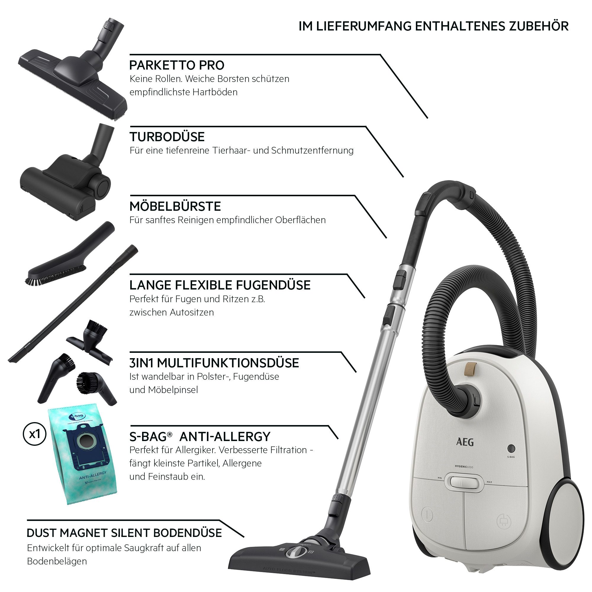 AEG Bodenstaubsauger HYGIENIC 6000 (AB61H6SW), 850 W, mit Beutel, hohe Saugleistung, inkl. Zusatzdüsen, 50 % Recyclingkunststoff