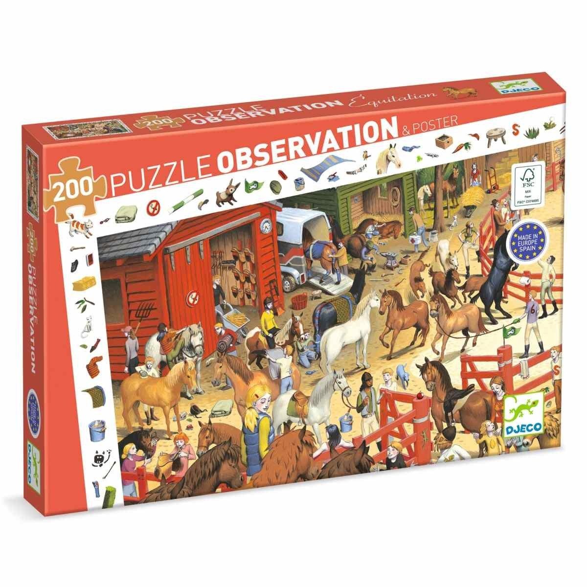 DJECO Puzzle Wimmelbild Pferde 200 Teile ab 6 Kinderpuzzle für Kinder, 200 Puzzleteile, Kinderpuzzle