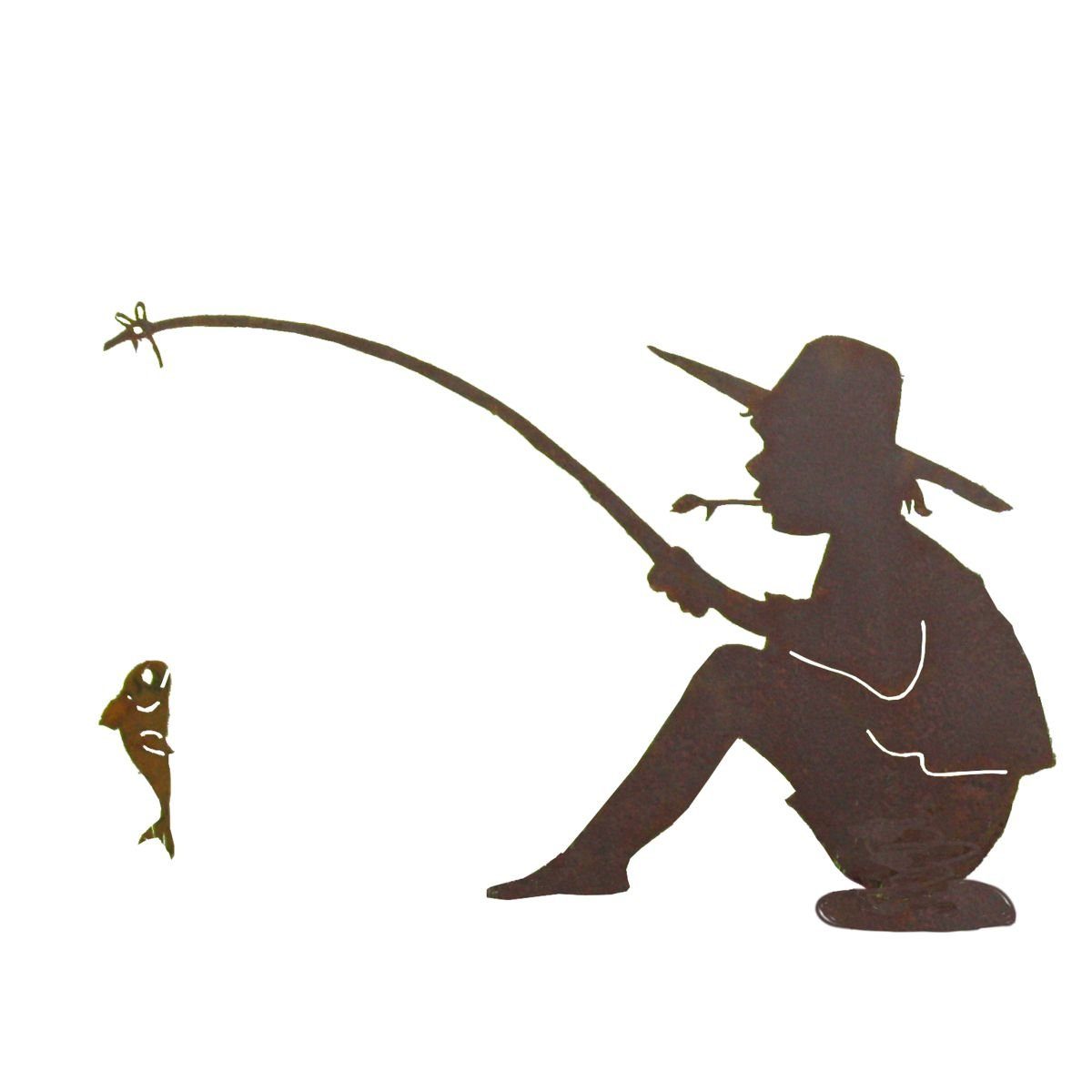 Gartenfigur 440s Rost-Angler-MANNI mit Angel & Fisch auf Platte
