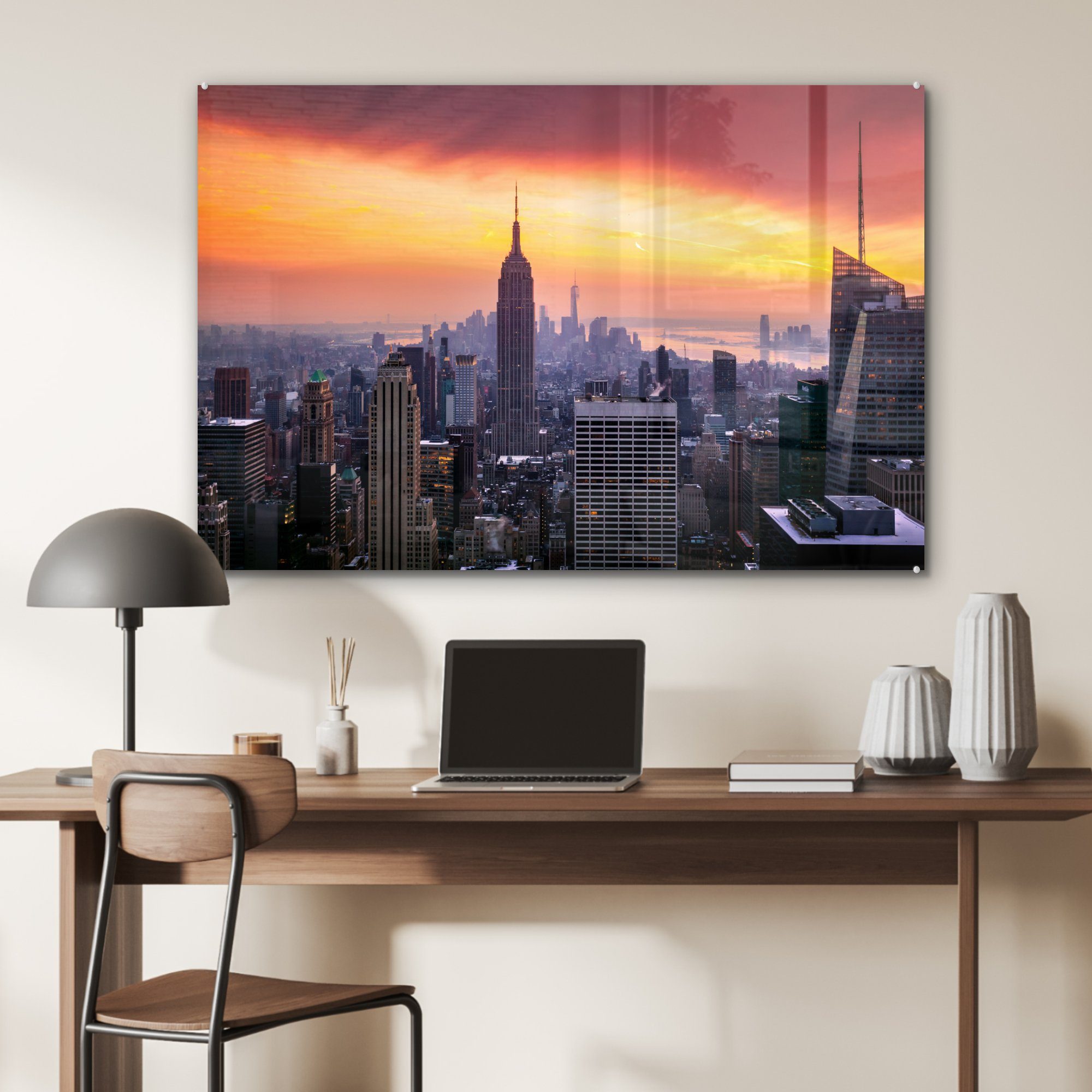 (1 Empire & Sonnenuntergang dem Wohnzimmer Acrylglasbild MuchoWow Schlafzimmer St), über Acrylglasbilder State Building,