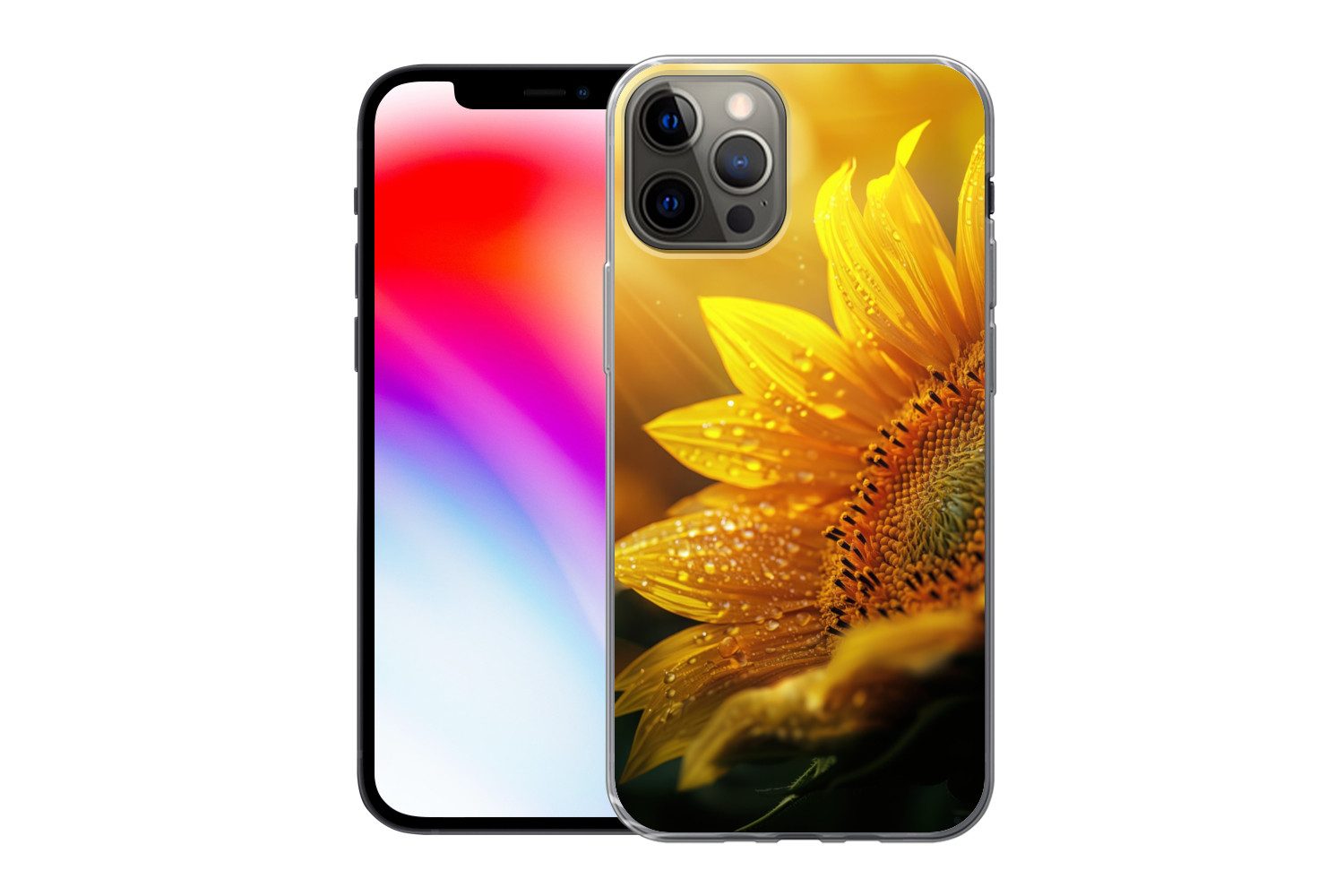 MuchoWow Handyhülle für Apple iPhone 13 Pro Sonnenblume - Tautropfen - Gelb - Sonnenlicht, Smartphone-Bumper, Print, Handy Schutzhülle Dünn