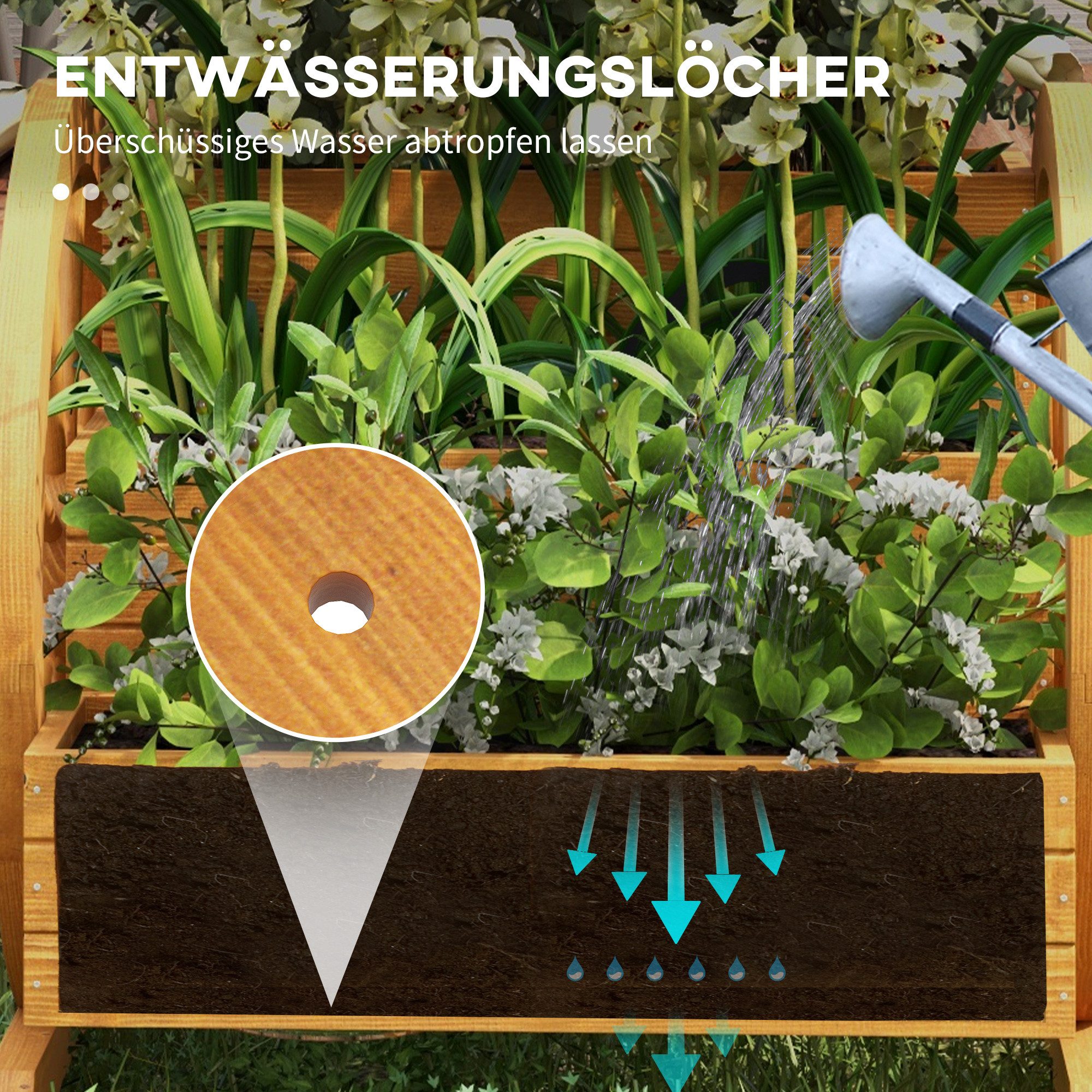 Outsunny Hochbeet Blumenkasten mit 3 Etagen, Kräuterbeet mit Entwässerungslöchern (Kräuterbeet, 1 St., Gemüsebeet), für Garten, Balkon, Teak, 61 x 62 x 57 cm – Bild 5 von 5