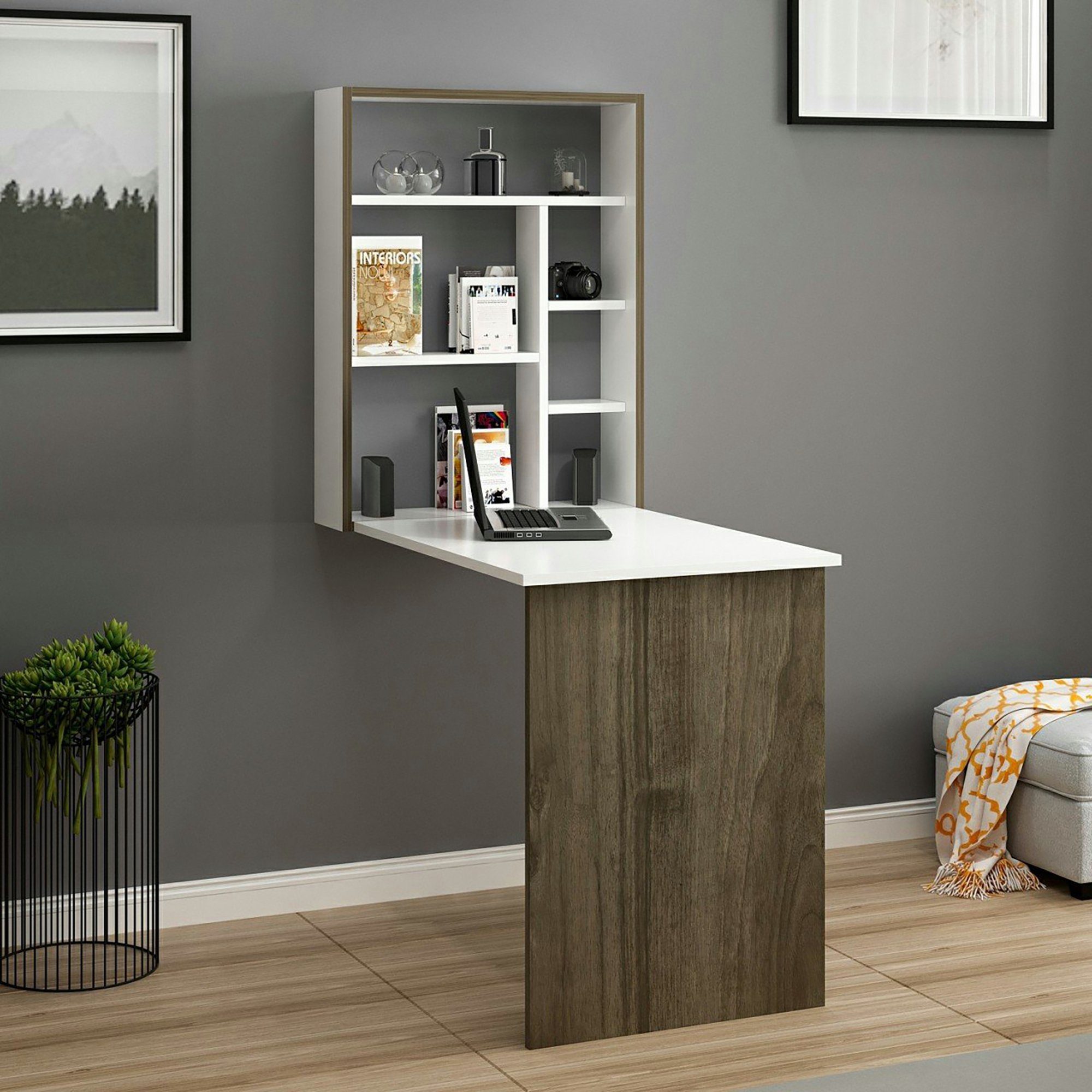 en.casa Schreibtisch, »Greve« Wandklapptisch Wandtisch Weiß Walnuss-Optik günstig online kaufen