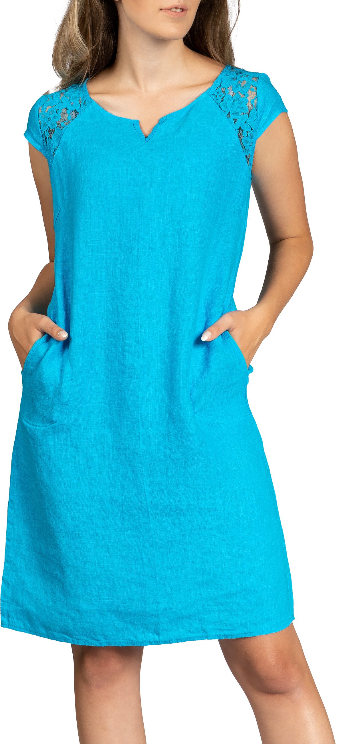 Caspar Sommerkleid SKL042 Damen Sommer Leinenkleid mit dezentem Spitzeneinsatz Luftig leicht, figurumspielende Form, mit seitlichem Jersey-Einsatz