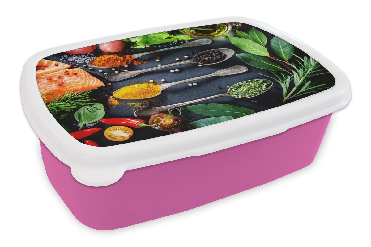 MuchoWow Lunchbox Kräuter - Löffel - Küche - Gewürze, Kunststoff, (2-tlg), Brotbox für Erwachsene, Brotdose Kinder, Snackbox, Mädchen, Kunststoff rosa