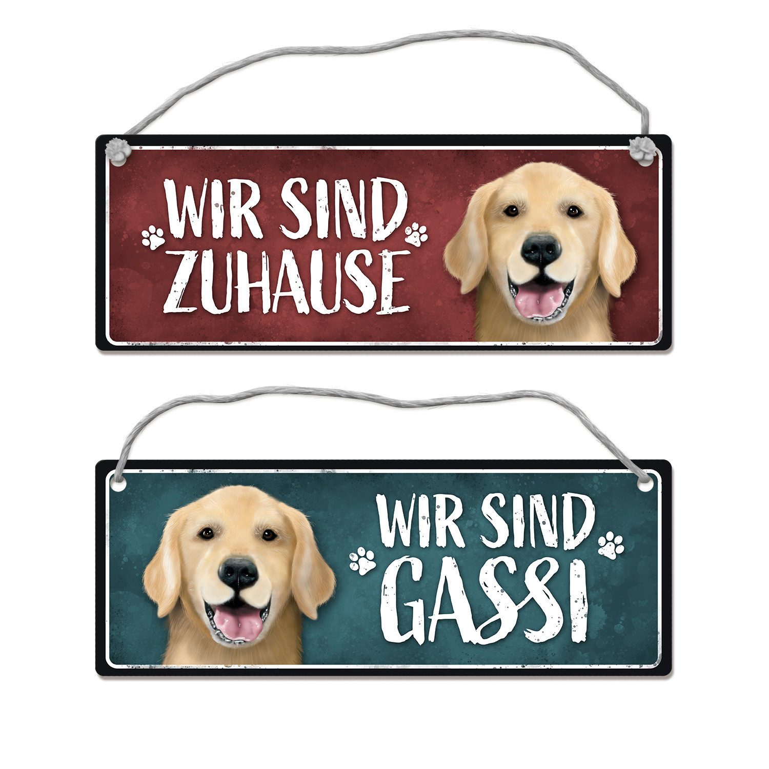 Metallschild Wir sind Gassi/Zuhause Golden Retriever Wendeschild mit Kordel Schild