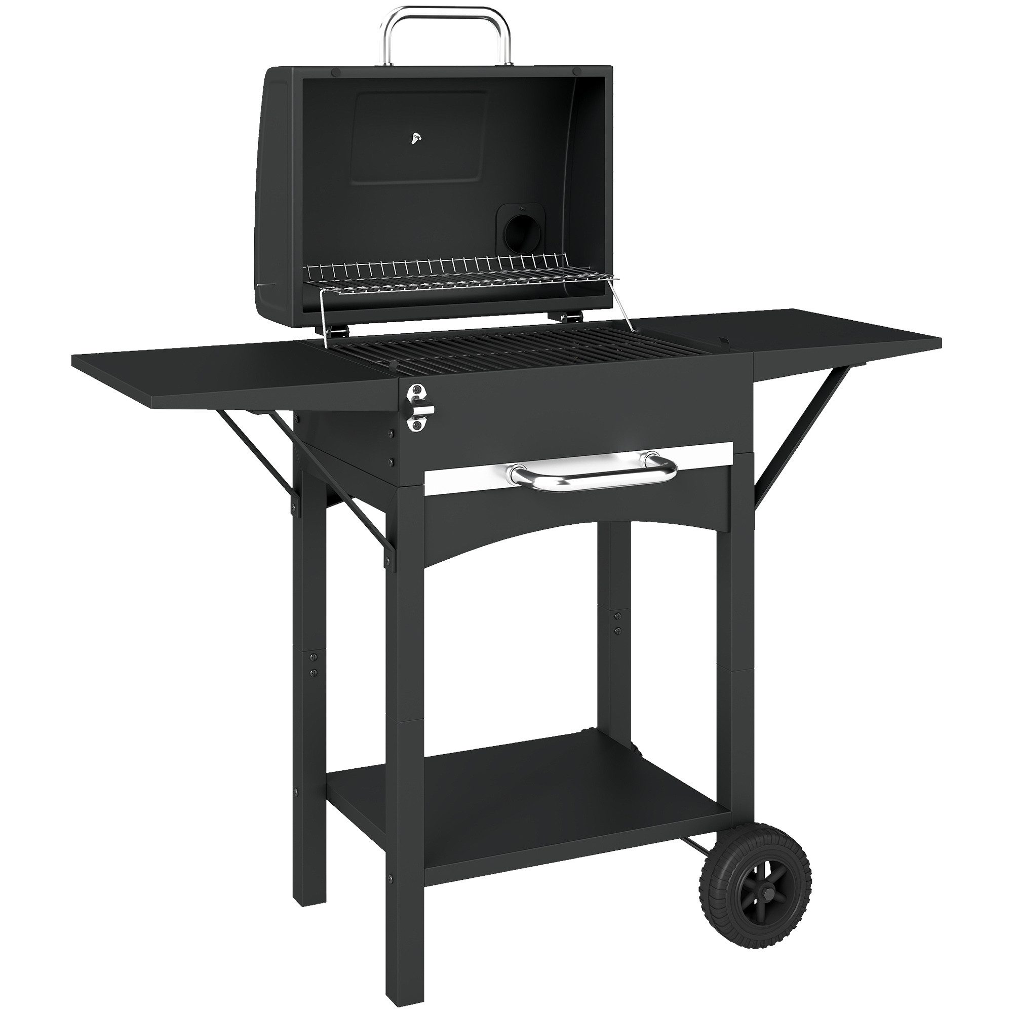 Novzep Holzkohlegrill Holzkohlegrill mit Deckel, BBQ Smoker Grill mit 2 Seitentischen, Große Grillfläche Grillrost Thermometer Räder