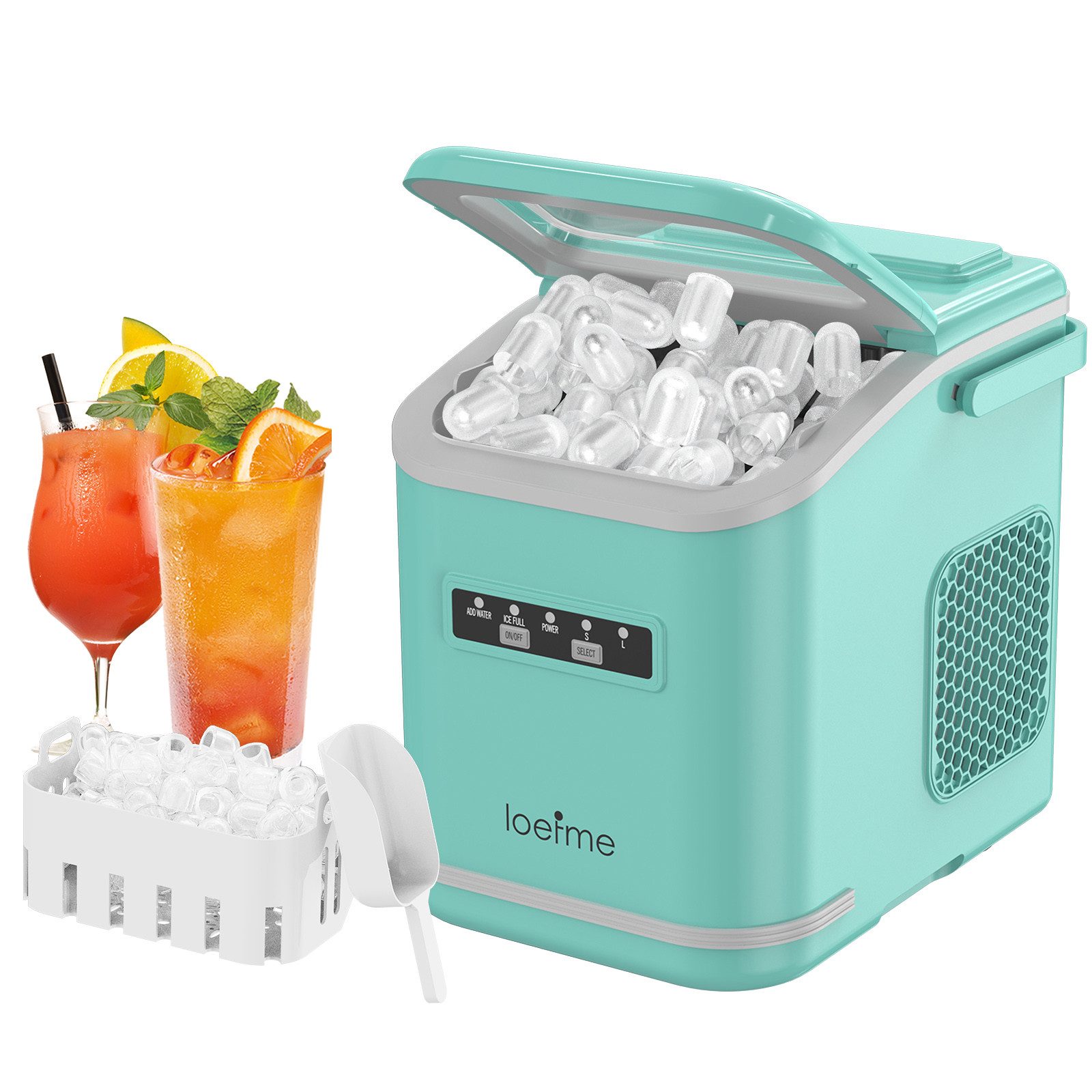 loefme Eiswürfelmaschine Tragbarer, 12kg/24h, 9 Würfel in 6 Min, mit Selbstreinigung, 2 Eisgrößen, Leiser Eiswürfelbereiter mit Tragegriff, 1,4L Tank