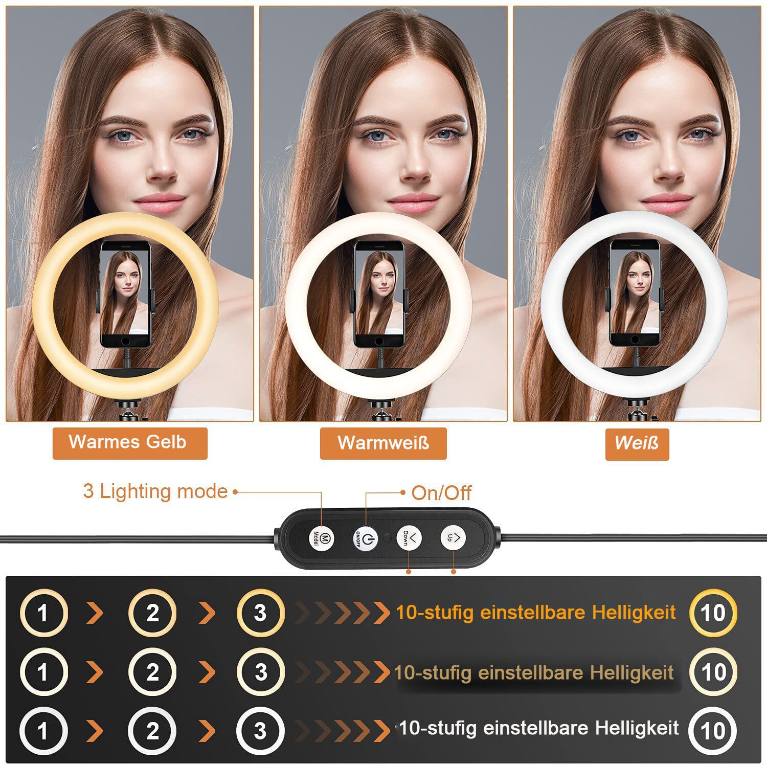 AIMAX Ringlicht 10 Zoll Ringlicht mit Fernsteuerung, mit 3 Farbe und 10 Helligkeitsstufen – Bild 5 von 5