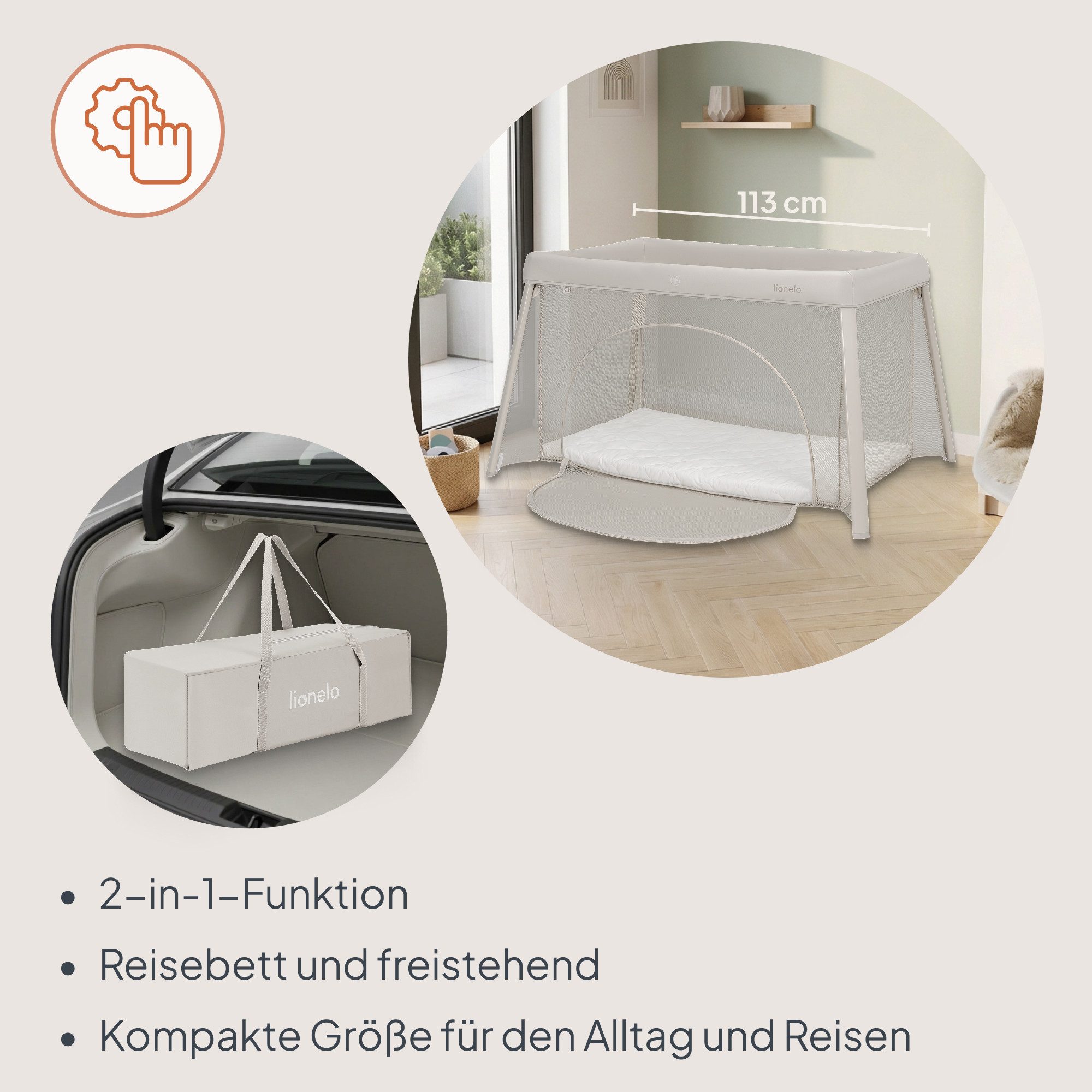 lionelo Baby-Reisebett MILA, 2in1/4-cm-Matratze/2 Höhen/360°-Netz/Tasche – Bild 4 von 5