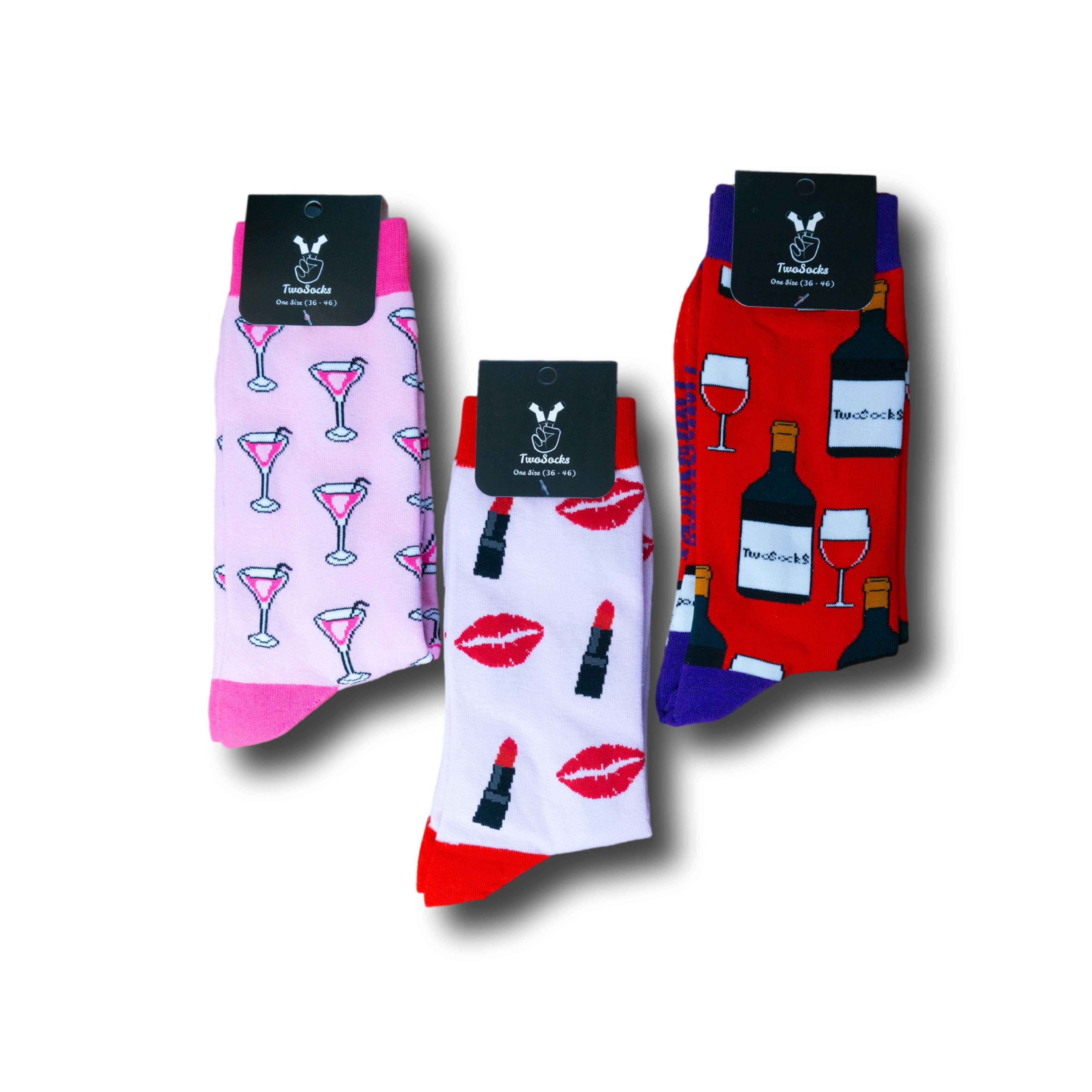 Freizeitsocken Lustige Socken 3 Paar Damen Socken, Wein, Cocktail, Kuss Einheitsgröße