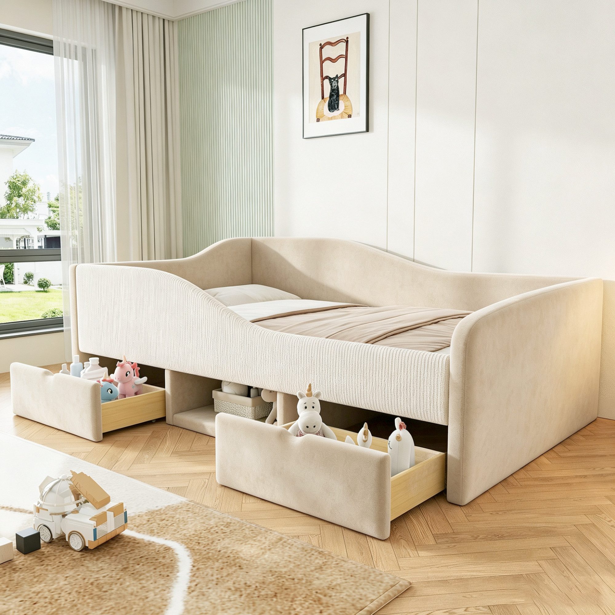 Flieks Polsterbett, Kinderbett Einzelbett 90x190cm mit 2 Schubladen und offenem Staufach