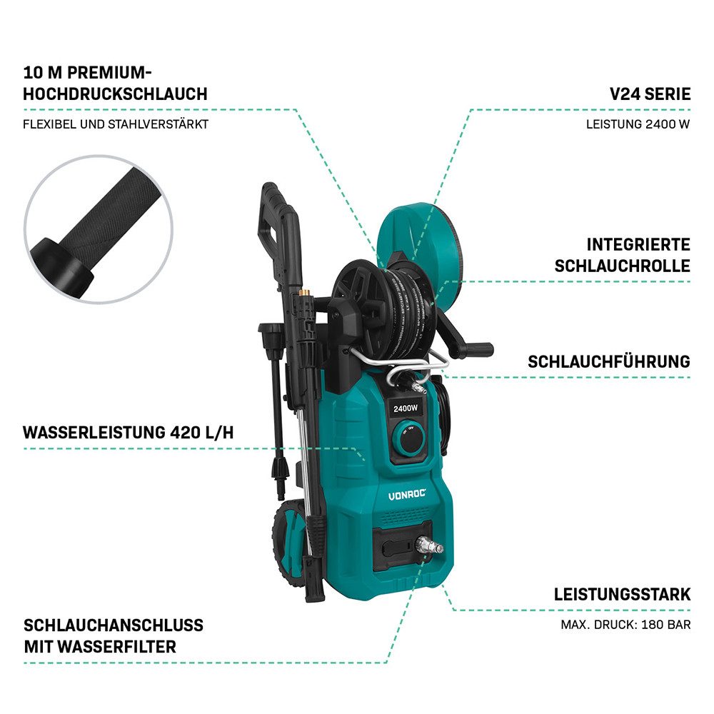 VONROC Hochdruckreiniger 2400W, Druck max: 180 bar, Fördermenge max: 420 l/h, (Set, 11 tlg., PW512AC), Schlauchtrommel - Aluminium Pumpe - V24 Serie – Bild 4 von 5
