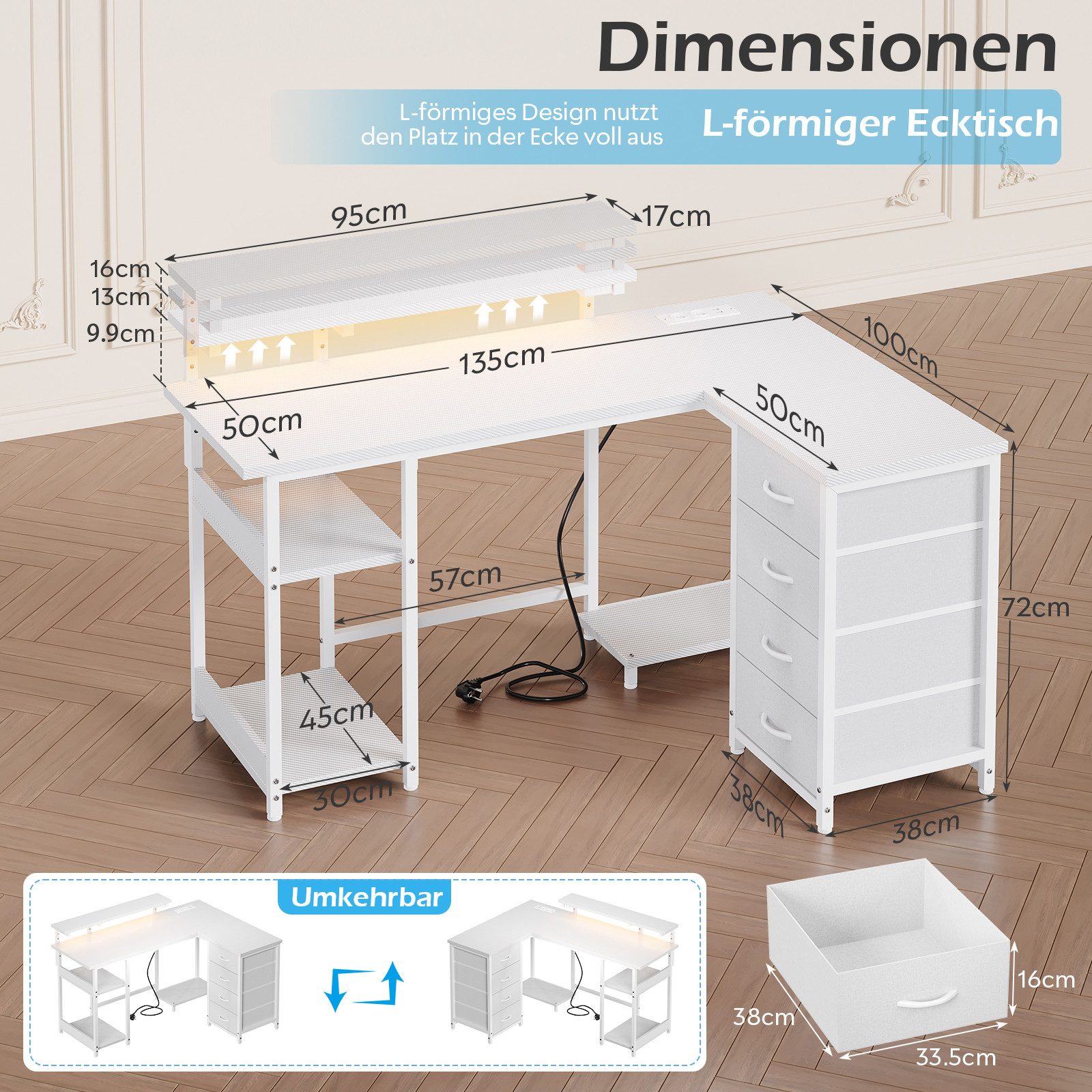 HOMALL Schreibtisch Eck-Schreibtisch, Gaming-Tisch mit Stauraum und Steckdosen (Ausgestattet mit 2 Steckdosen, 2 USB-Anschlüssen, 4 Schubladen, einer höhenverstellbaren Monitorhalterung, einer LED-Lichtleiste, 2 Einlegeböden sowie einer Halterung für den PC-Tower)