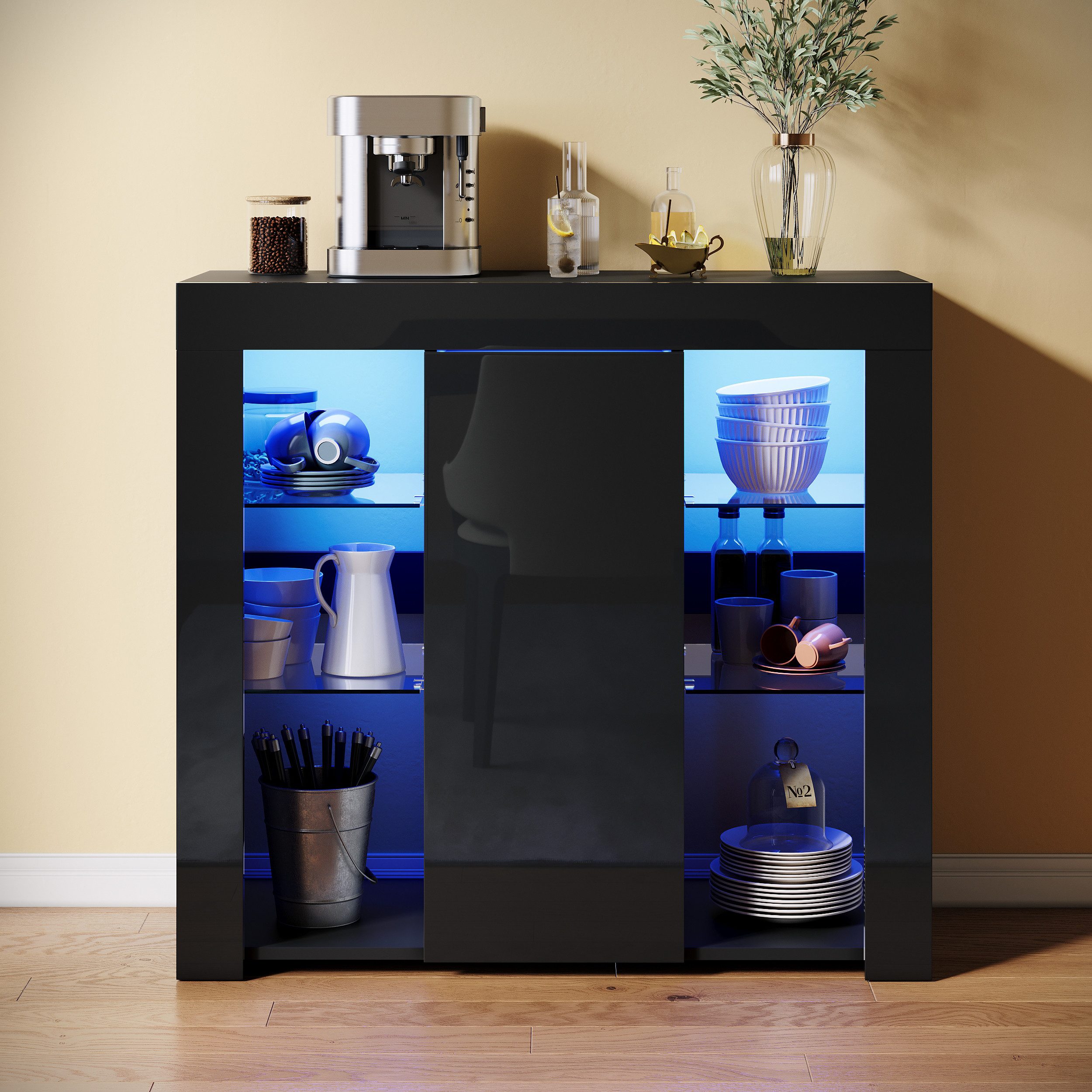 SONNI Sideboard mit LED Beleuchtung 90x35x83cm Weiß/Schwarz Hochglanz, mit günstig online kaufen
