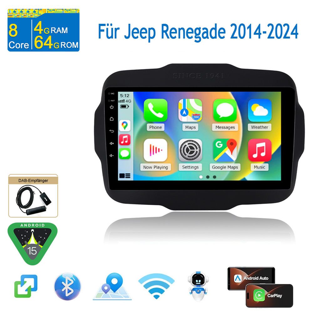A-Sure 4+64GB 8-Core Carplay Android 15 Für Jeep Renegade 2014-2024 Navi WiFi Autoradio (Digitalradio (DAB), FM, AM, 1280*800 IPS Screen/8-Core CPU, RDS, DSP, GPS, SWC, UI Theme, Siri, Mirrorlink, Google play, Netflix, Youtube, Calendar, TikTok)
