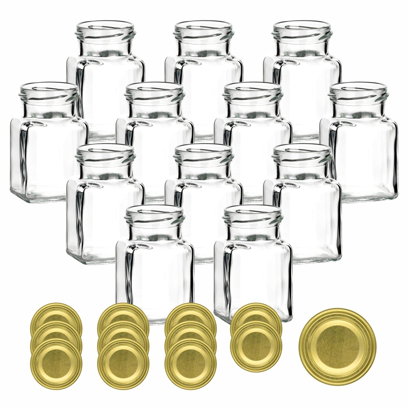 gouveo Vorratsglas Банки 150 ml eckig mit Schraub-Deckel - Kleine Банки для хранения, (12-tlg), Goldfarben