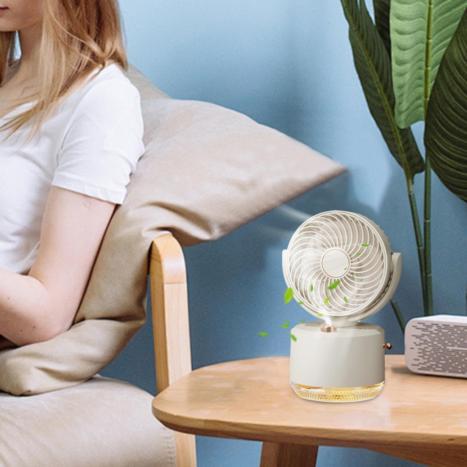 MOPUEA Tischventilator Tischventilator mit Luftbefeuchter USB, 3 Geschwindigkeiten 7-Farb-LED, Leiser 2-in-1 Luftkühler & LED-Licht, 90°+140° schwenkbar