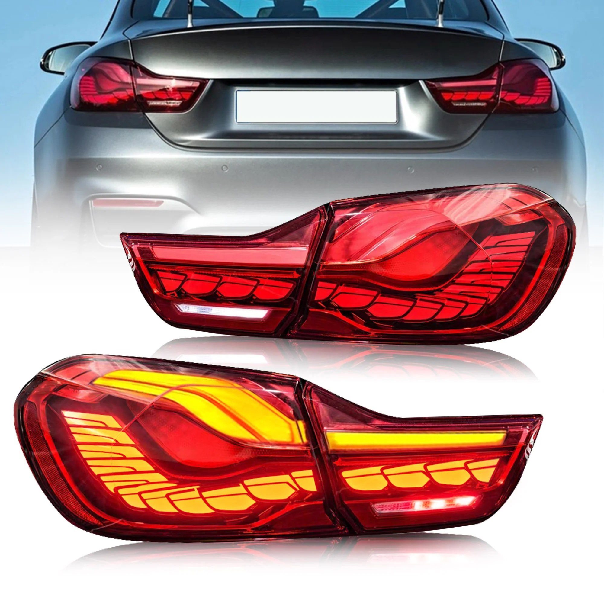 LLCTOOLS Rückleuchte Hell leuchtende LED Rückleuchte mit E-Prüfzeichen passend für BMW, 4er F32 Coupe, F33 Cabrio, F36 Gran Coupe, F82 M4 (2013-2021), Rücklicht, Bremslicht, Nebelschlussleuchte, Blinklicht und Rückfahrlicht, Voll LED, Dynamischer Blinker, mit Lichtanimation beim Entriegeln des Fahrzeugs