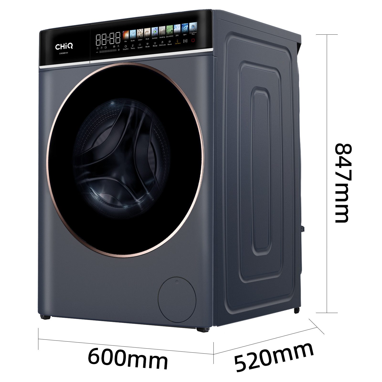 CHiQ Waschmaschine LED-Touchscreen CW086581AX, 8 kg, 1400 U/min, 15 Min. Schnell, EEK A-15%, 12 Programme