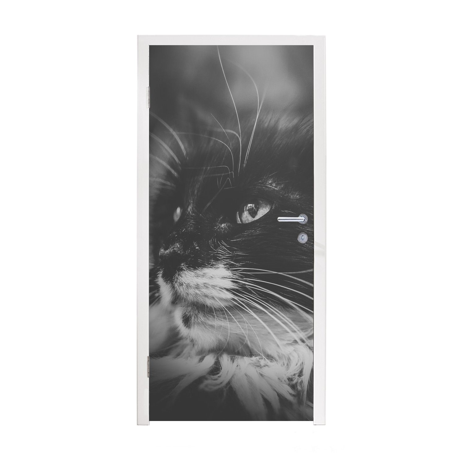 MuchoWow Türtapete Tierprofil seitwärts blickende Katze in Schwarz und Weiß, Matt, bedruckt, (1 St), Fototapete für Tür, Türaufkleber, 75x205 cm