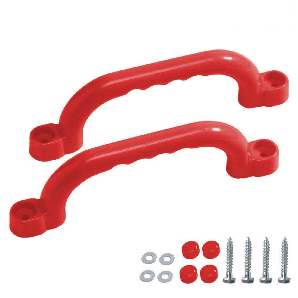 Wickey Spielturm-Erweiterung Handgriffe-Set – 2 Kunststoffgriffe für Spieltürme & Schaukeln, (Komplettset Inkl. 4x Schrauben, 4x Unterlegscheiben, 4x rote Abdeckkappen, Ergonomische Fingerform – ideal für kleine Kinderhände), WETTERFEST & UV-BESTÄNDIG – ideal für dauerhaften Einsatz im Freien