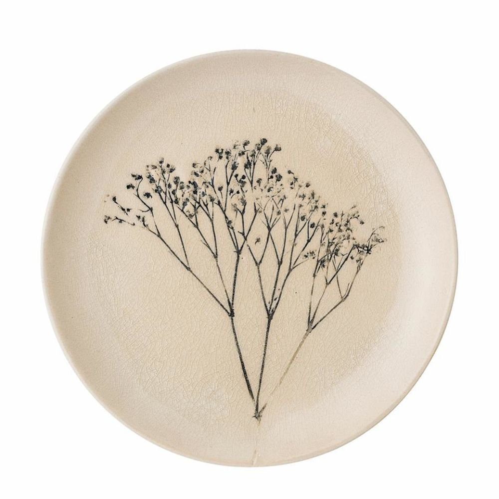 Bloomingville Speiseteller Bea Steingut Natur 22 cm, Blumenmotiv Dänisches Design