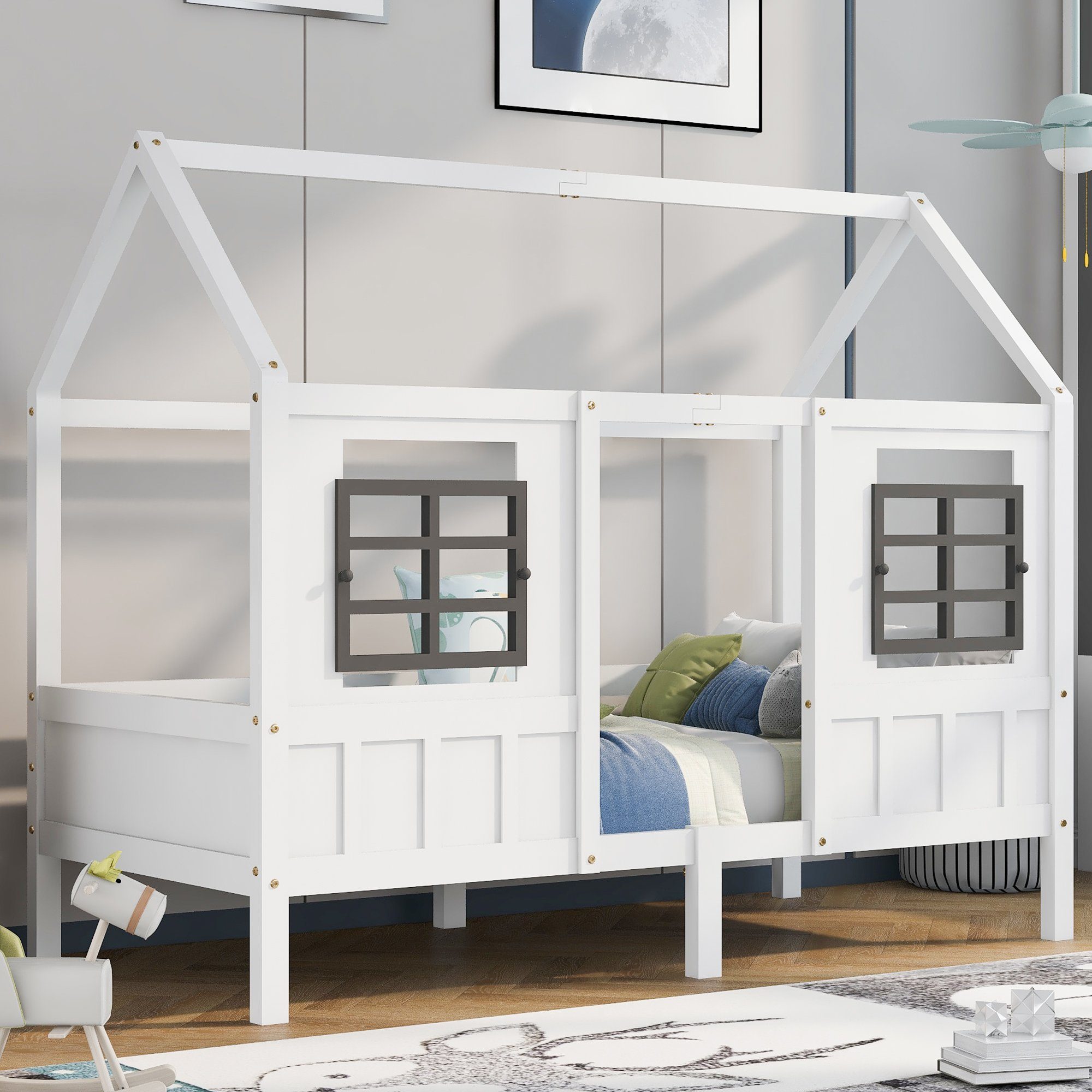 Kinderbett Matratze Einzelbett, Ohne Rahmen Tagesbett, 200x90cm), aus Hausbett, Fenstern, (mit Bett REDOM 2 Kiefer,