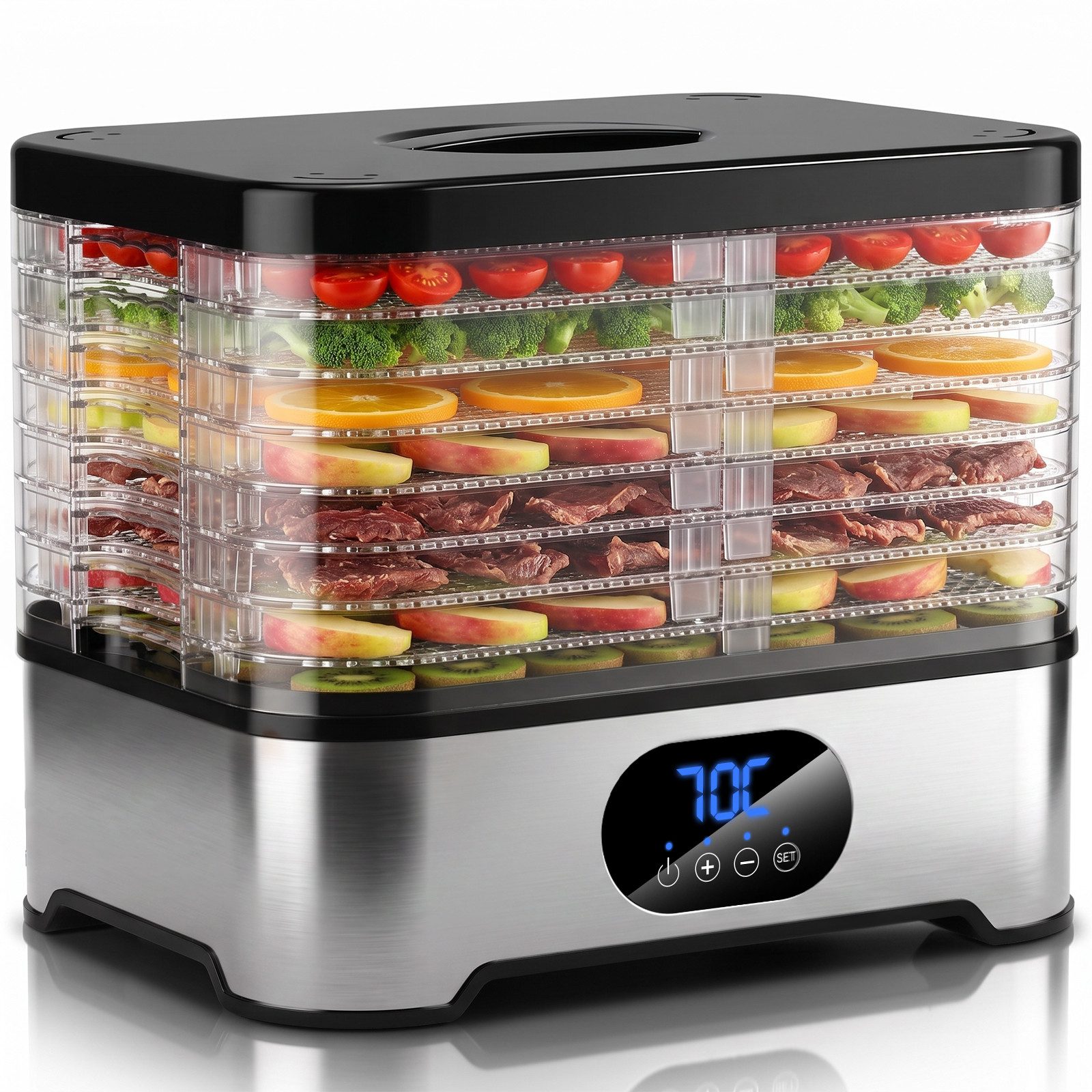 CkeyiN Pro Dörrautomat Edelstahl, Dörrgerät mit 8 Etagen, Dehydrator bis 72h-Timer 45-70°C 400 W, 8 Etagen, BPA-frei,Spülmaschinengeeignete Teile,für Obst,Gemüse,Fleisch