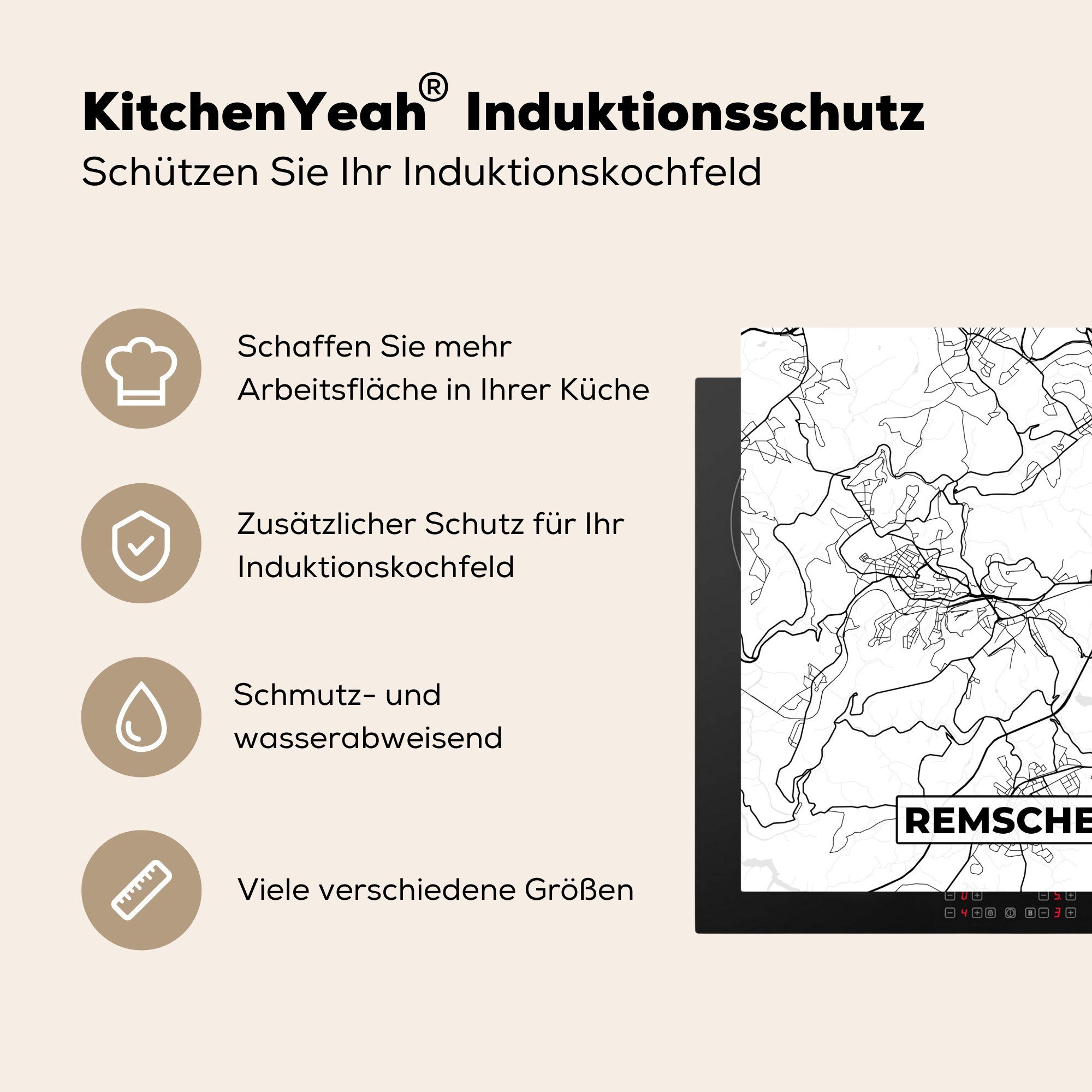 küche - tlg), Karte Ceranfeldabdeckung, Arbeitsplatte Remscheid MuchoWow cm, Vinyl, Stadtplan, - (1 für 78x78 Herdblende-/Abdeckplatte