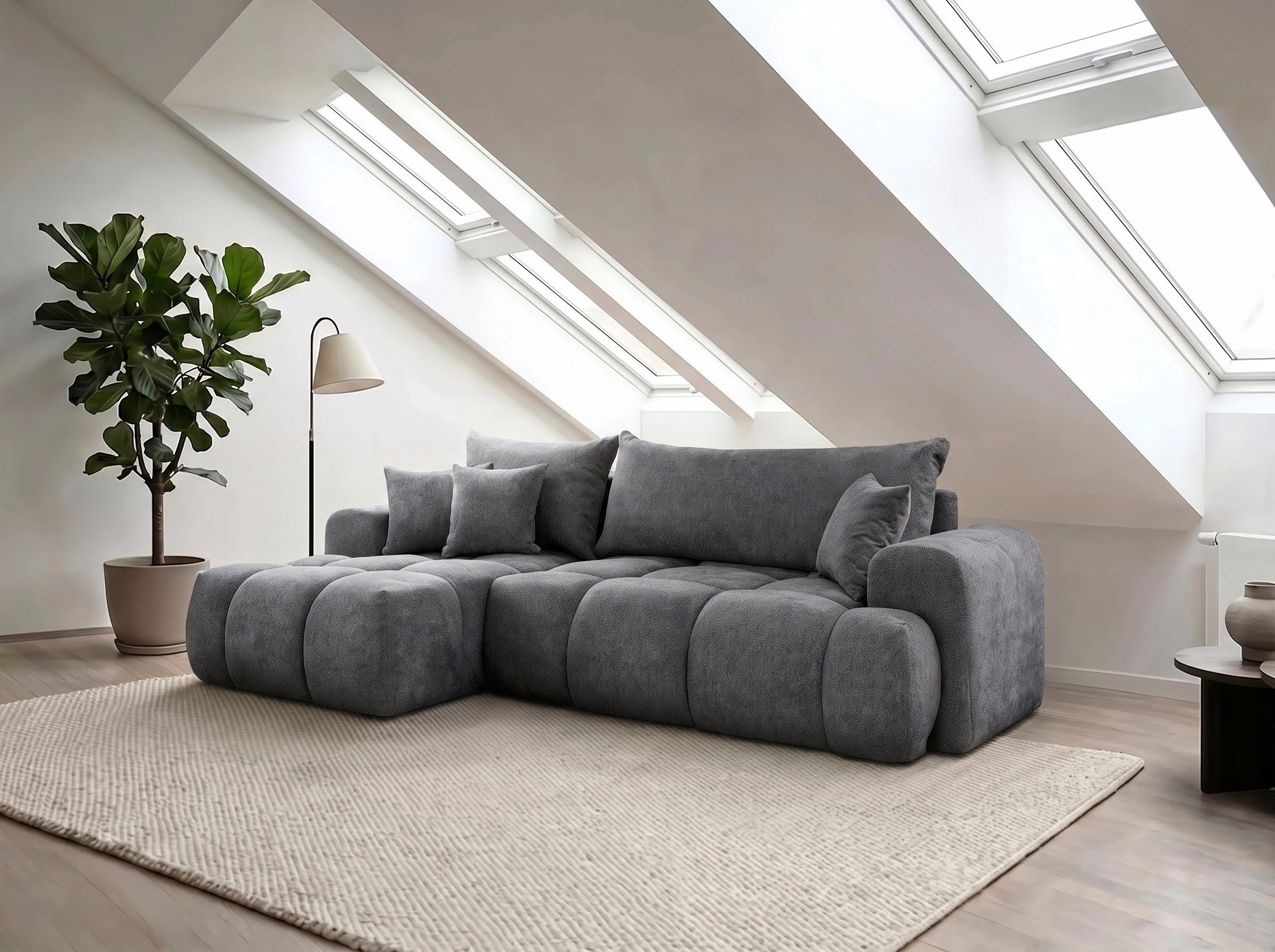 WERK2 Ecksofa Ewela-Bubble 265 x 145 cm modern und bequem, Bouclé, L-Form, Schlaffunktion, Bettkasten