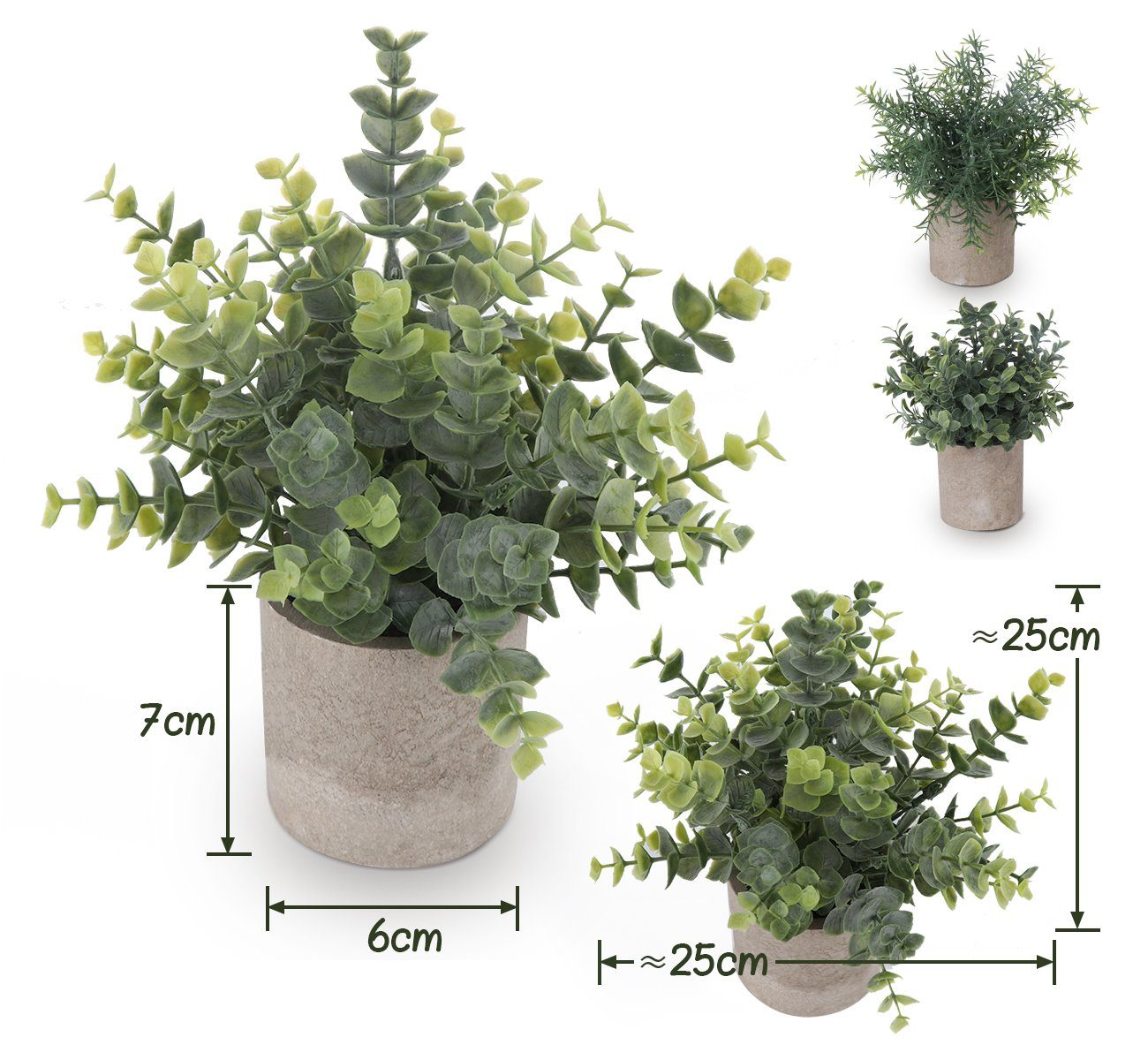 Künstliche Zimmerpflanze 3 Stück Mini Kunstpflanzen mit Töpfen Eukalyptus  Rosmarin Babysbreath, Homewit, Tischdeko Haus Balkon Büro Deko